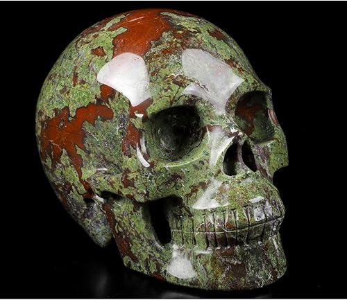 Calavera de cristal de jaspe de sangre de dragón de 5.0 pulgadas, escultura de arte fino de piedras preciosas talladas a mano, estatua de piedra