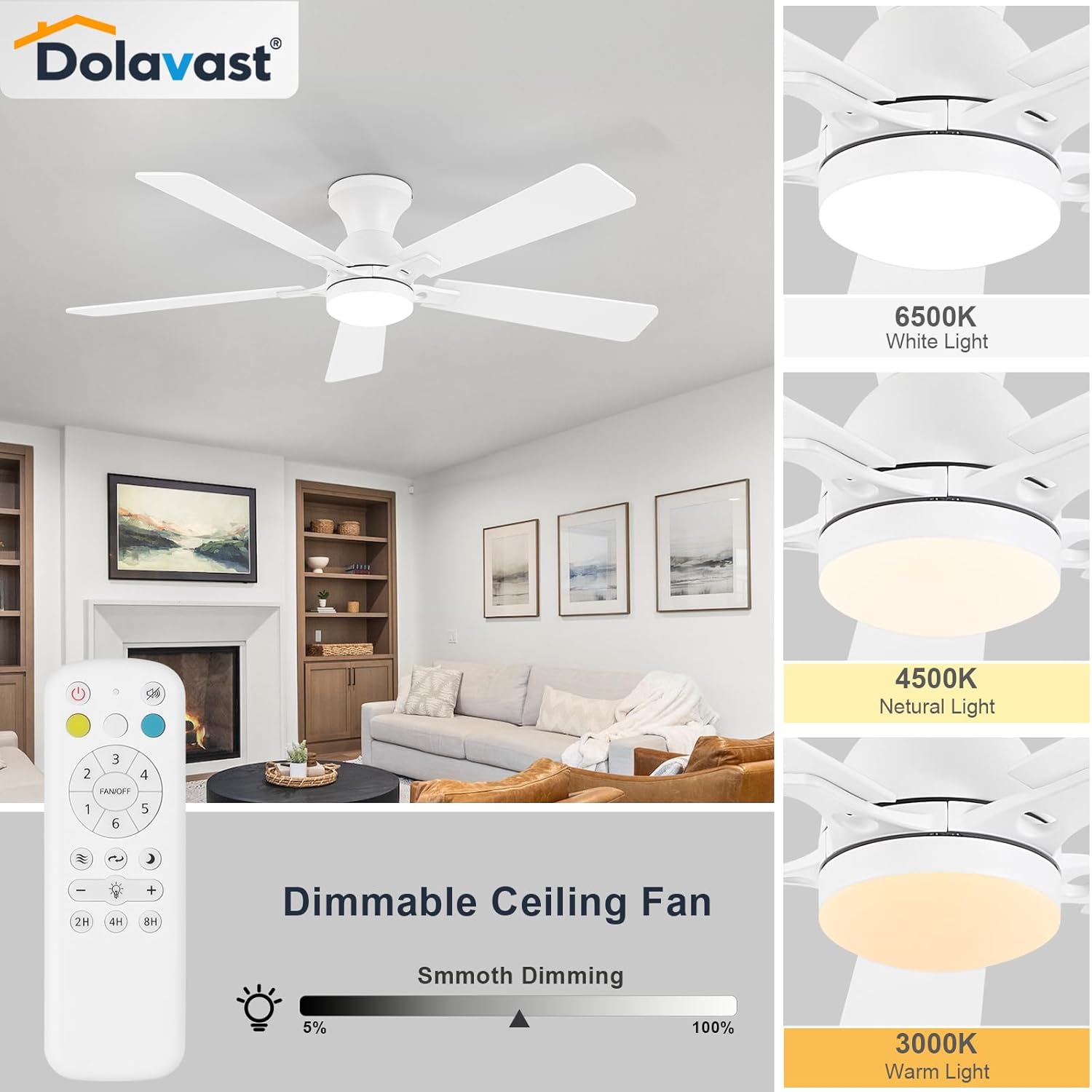 Ceiling Fans with Lights and Remote, 52 Inch White Ceiling Fan with Light, Low Profile Reversible Fandelier Ceiling Fan, Dimmable LED, Flush Mount, Quiet DC Motor, for Bedroom Kitchen - Image 4