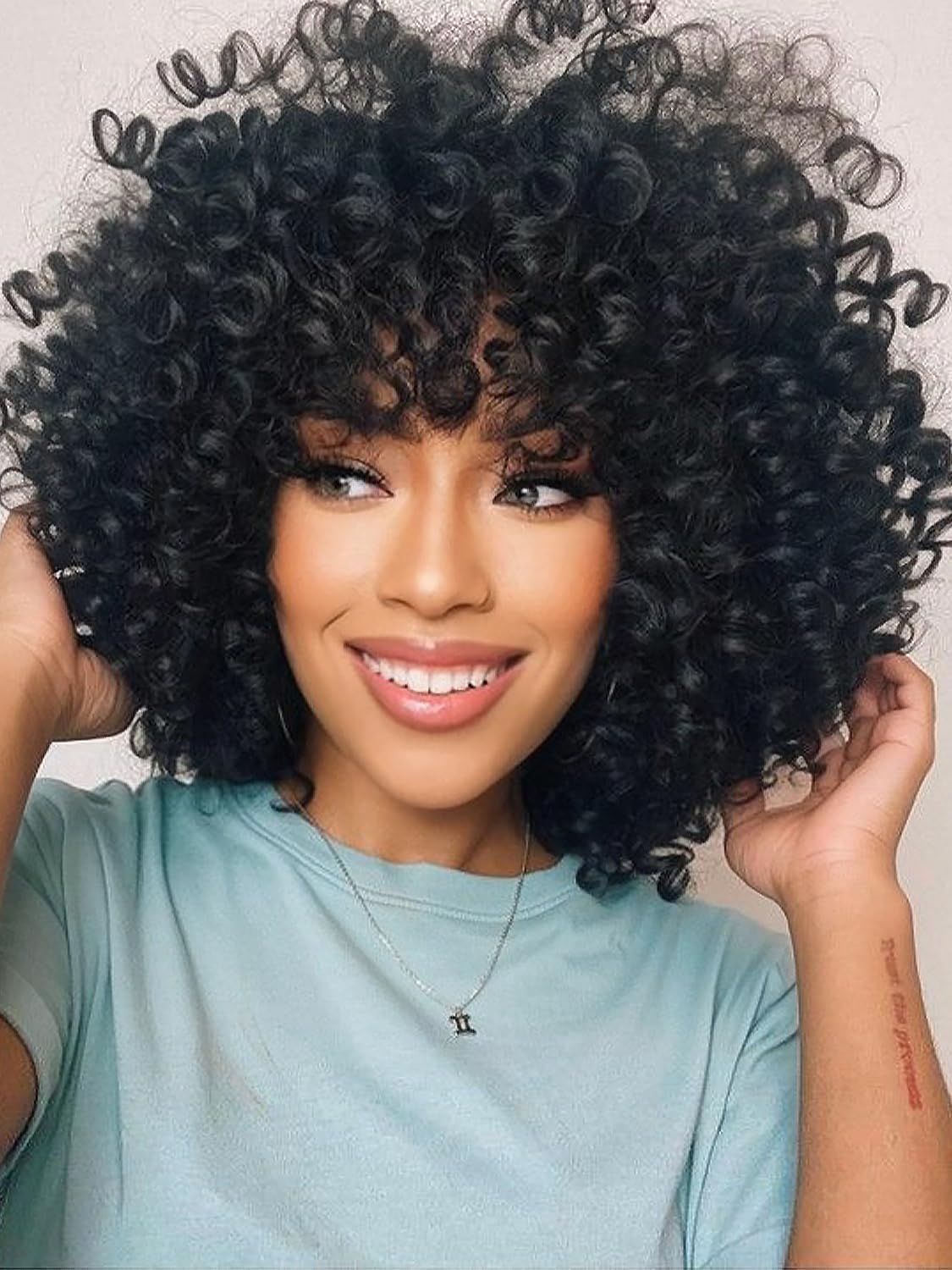 ISAMY Curly Afro Wig with Bangs Short Kinky Curly Wigs for Black Women Synthetic Fiber Soft Hair Short Curly Afro Wig(Black) - Image 2
