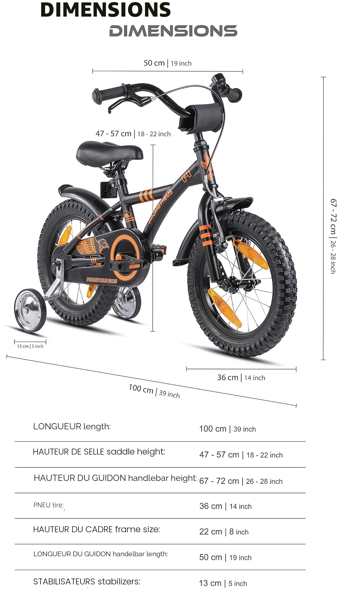 PROMETHEUS BICYCLES Velo Enfant 4 Ans Garcon vélo Fille 14 Pouces a Roulette pour 3 a 5 Ans - BMX en Noir Mat Orange