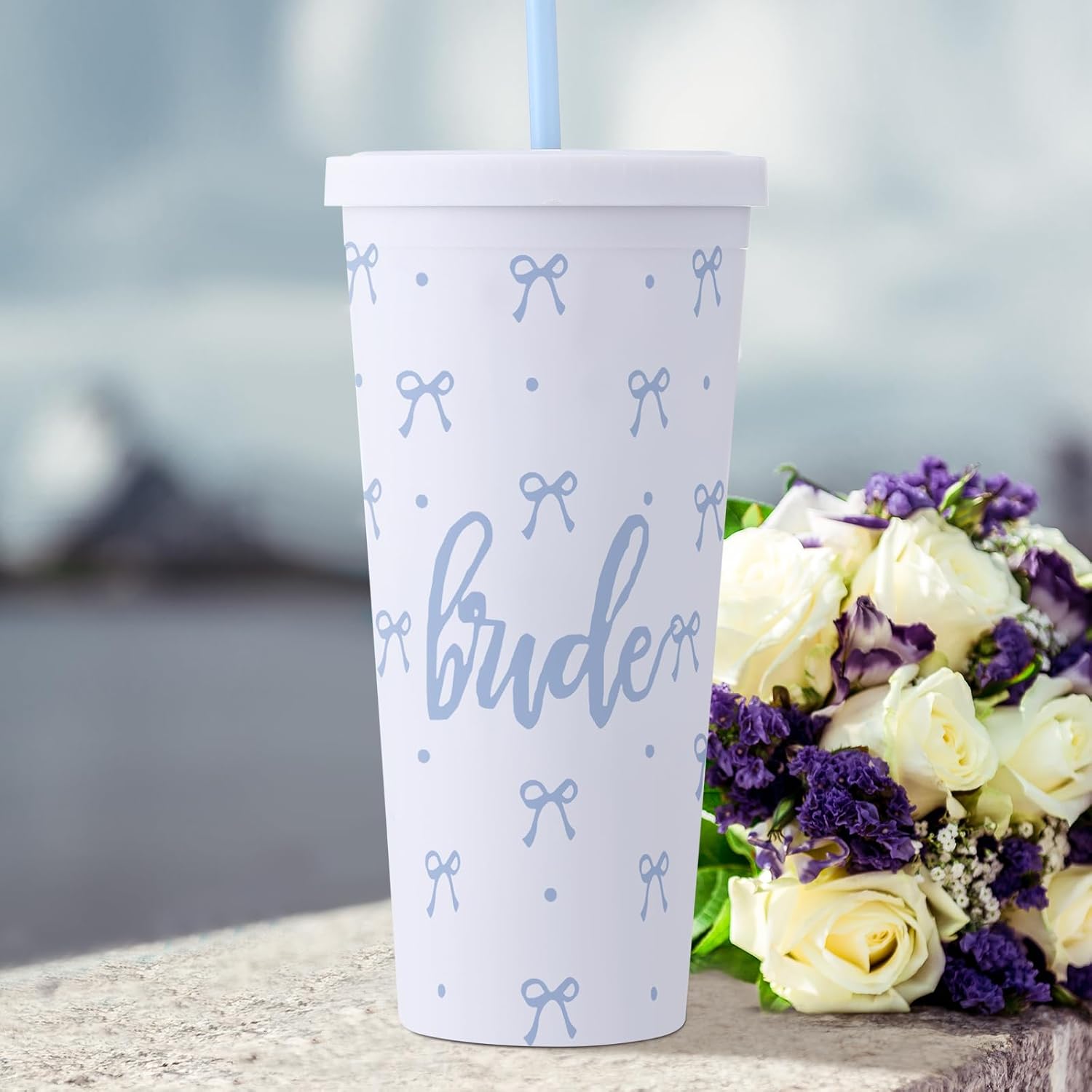 24 oz White and Blue Bride Tumbler Bachelorette Supplies, Wedding Morning Drinkware, Bach Party Decorations, Bride to Be Before I Do(Blue Bow) - Image 4