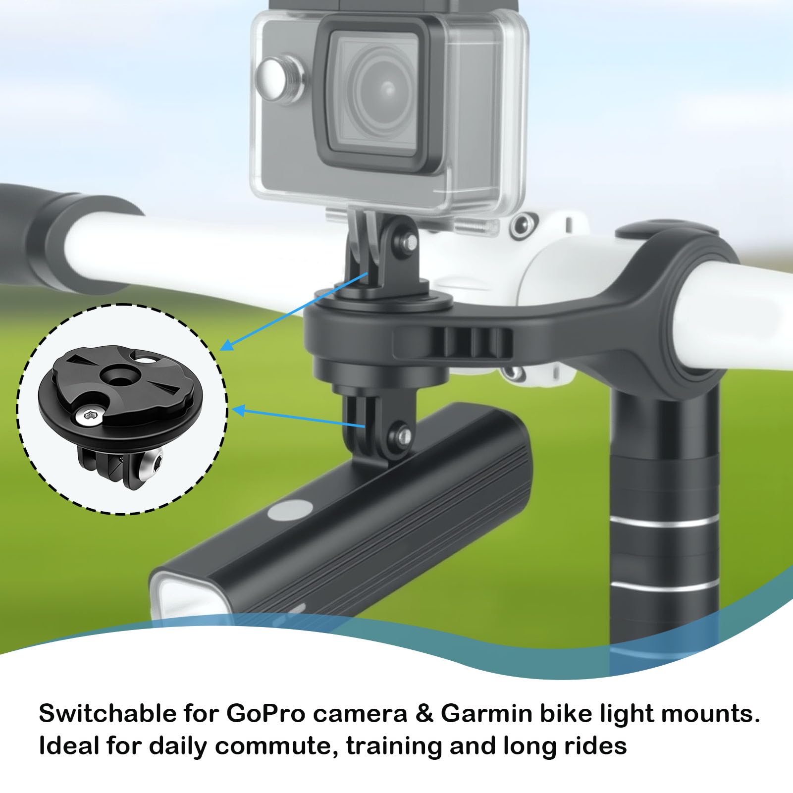 Soporte Garmin Manillar Integrado para Potencia de Bicicleta, Adaptador Universal Combo 22 a 24 mm, Soporte para Ordenador de Bicicleta, Cámara de Acción y Luz