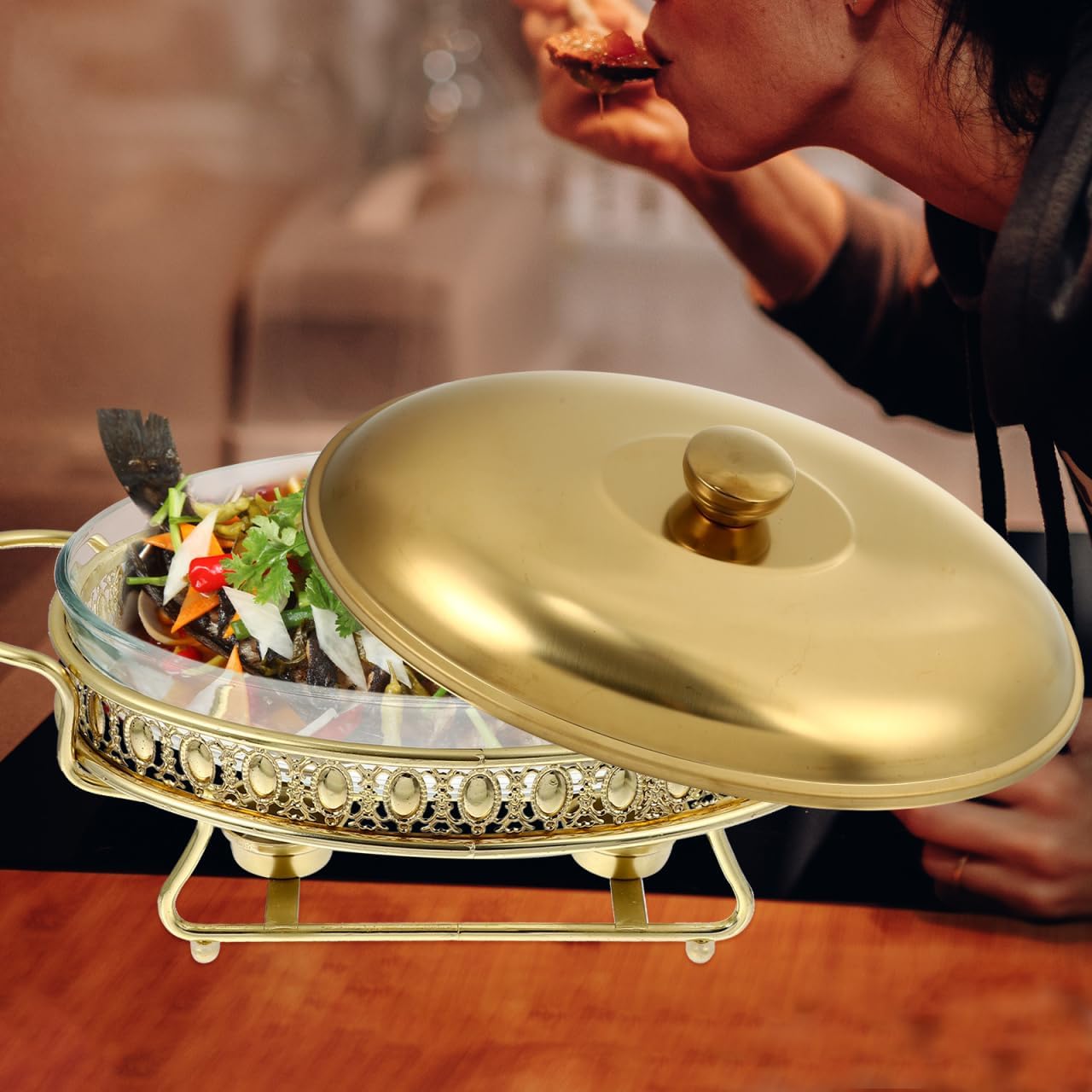 BESTonZON Buffet Stove Food Heating Container with Transparent Lid 15.74 Inch Oval Chafing Dish for Restaurant Catering Party Buffet Serving