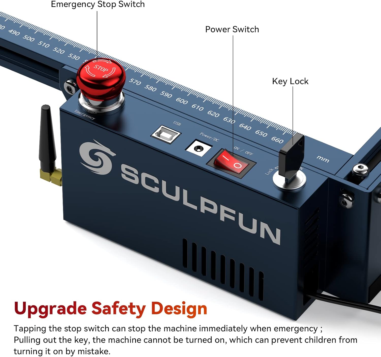 Safety features of SCULPFUN S30 Ultra including emergency stop, power switch, and key lock.