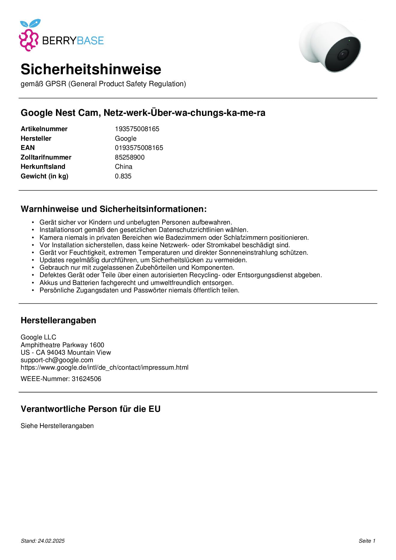Google Nest Cam Caméra de Surveillance Intelligente pour l'intérieur et l'extérieur Blanc 1 pièce (1 pièce)