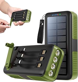 Solar Charger Power Bank 63200mAh, Portable Charger with Dual Outputs & Dual Inputs 4 LEDs Flashlight, Hand Crank Power Bank Fast Charging Battery Pack for Outdoor Camping Survival Gear (army green)