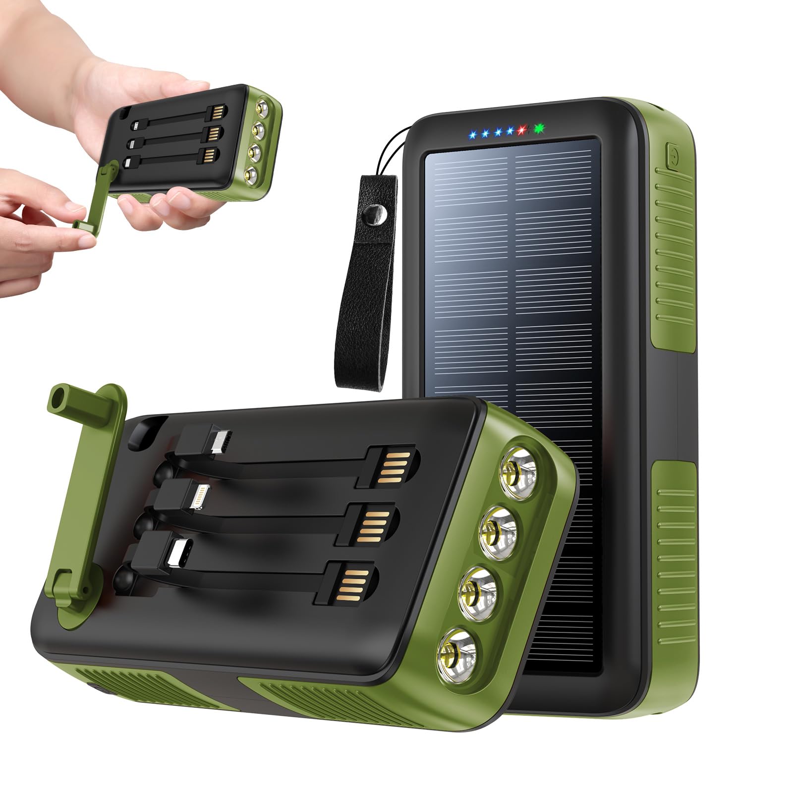 Solar Charger Power Bank 63200mAh, Portable Charger with Dual Outputs & Dual Inputs 4 LEDs Flashlight, Hand Crank Power Bank Fast Charging Battery Pack for Outdoor Camping Survival Gear (army green)
