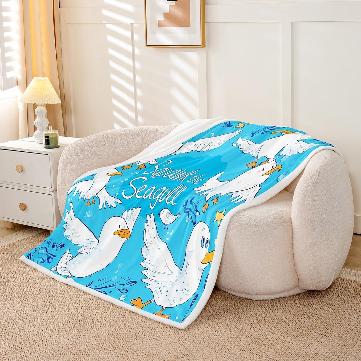 Erosebridal Cartoon Seagull Queen 90"X90" Throw Blanket Cute Seagull Fleece Blanket for Boys Girls Bed Couch Blue Ocean Animal Kids Sherpa Blanket Water Plants Stars Plush Bed Blanket