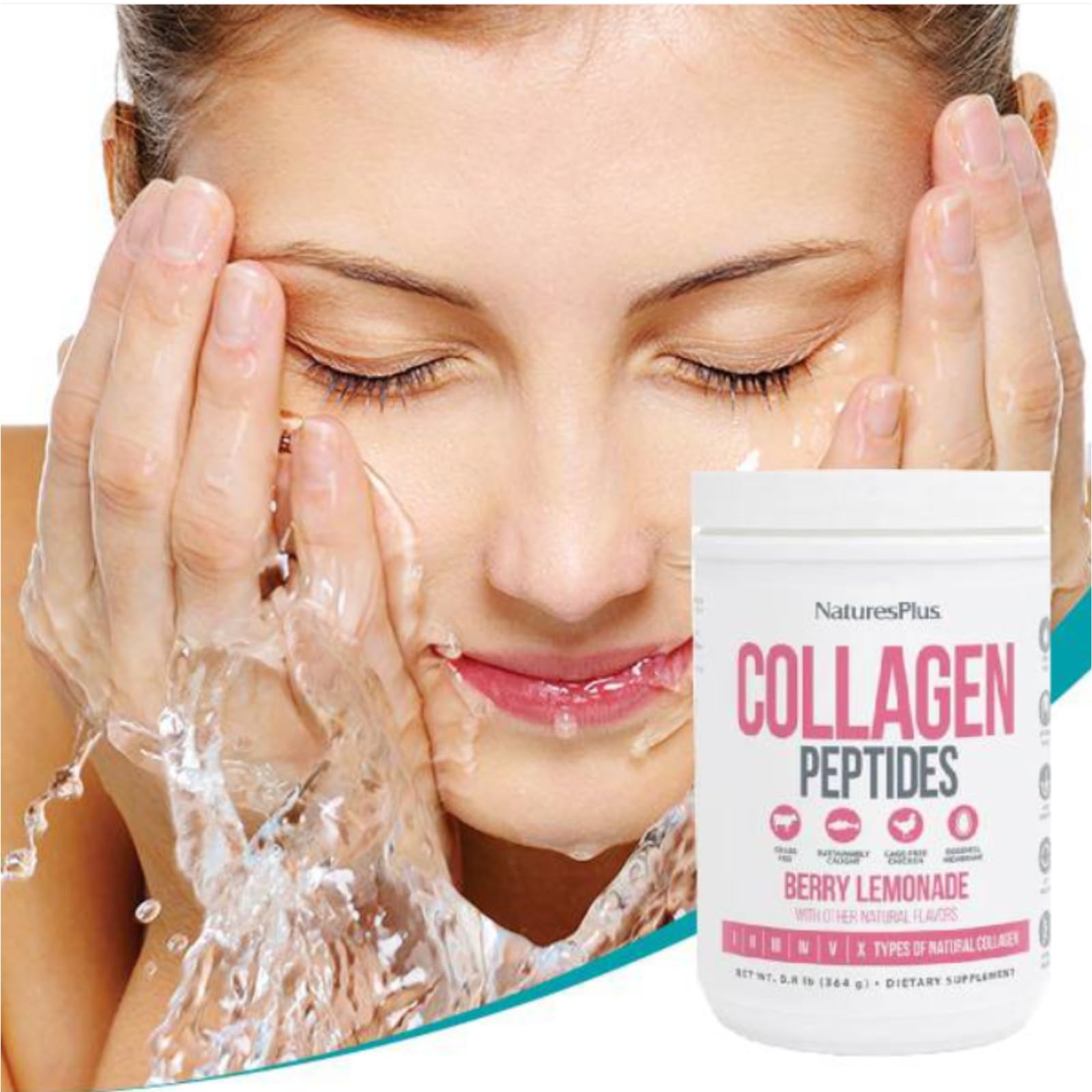 Natures Plus Collagen Peptides Berry Lemonade. 322g | Suplemento de Colágeno Marino Hidrolizado con Vitamina C y Enzimas | 6 Tipos de Colágeno para Piel, Articulaciones y Huesos | Sabor Fresa y Limón