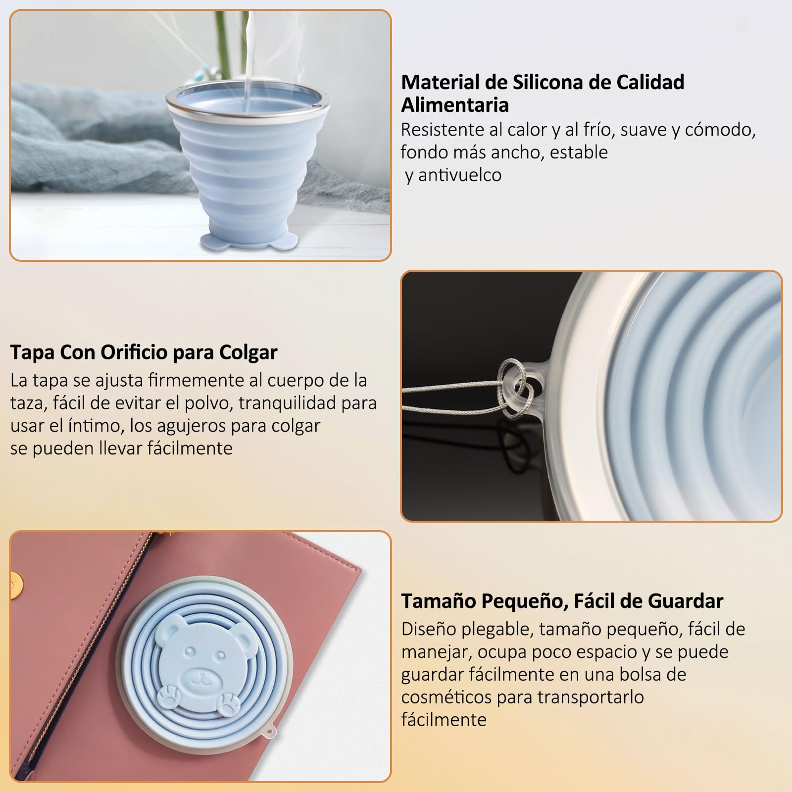 ZOCONE 2 Piezas Vaso Plegable Silicona con Tapa Reutilizable Taza Plegable Copa Silicona con Mosquetón y Bolsa Extensible Vaso de Viaje 270ml para Viaje Camping