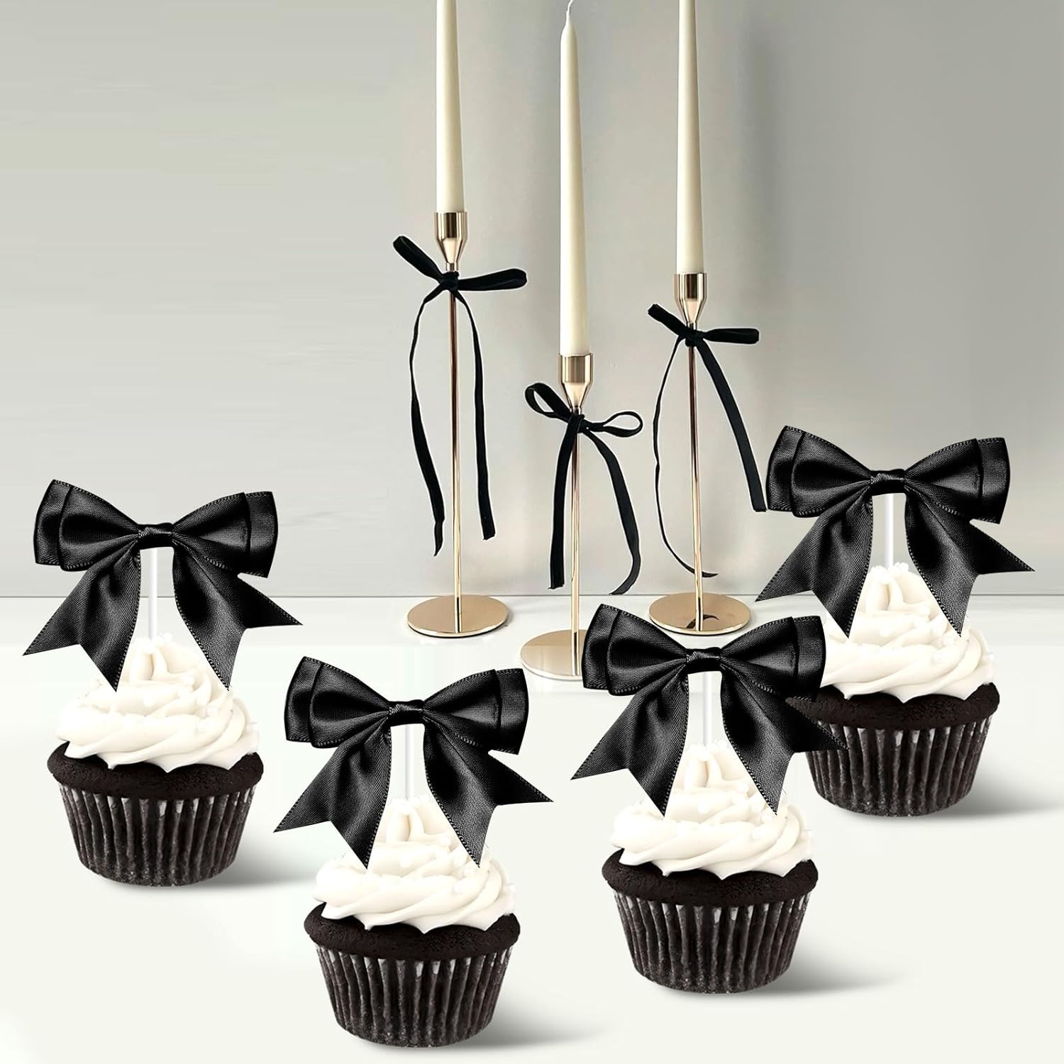 Black Bow Birthday Party Decorations Ribbon Bow Cupcake Toppers 25Pcs Bowknot Cake Decoration Black Bowknot Birthday Decors BowTie Party Decor for Baby Shower Bridal Shower Bachelorette