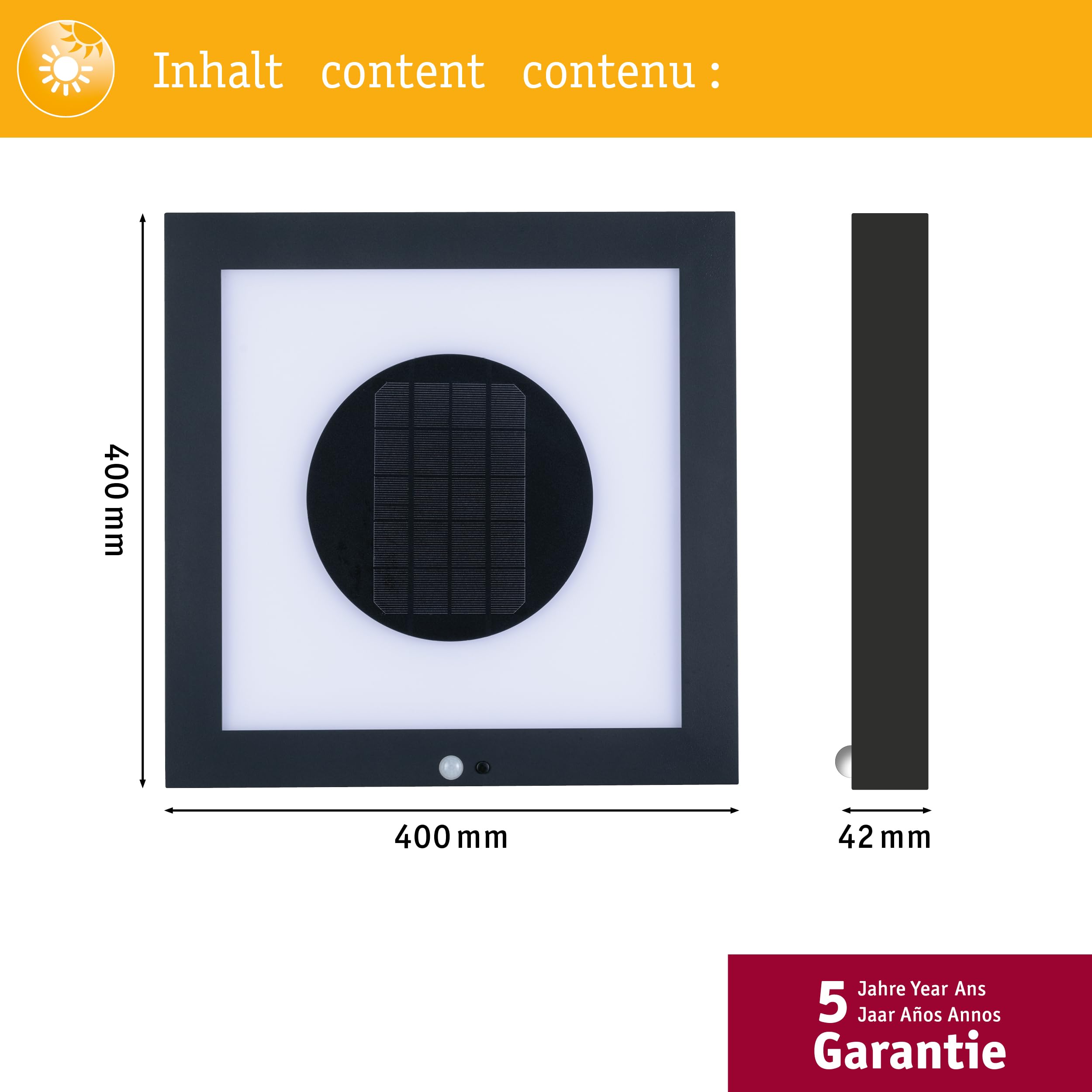 Paulmann Outdoor Solar Panel Taija mit Bewegungsmelder, 40 x 40 cm, IP44, 2 W, 90 lm, Warmweiß, Akku