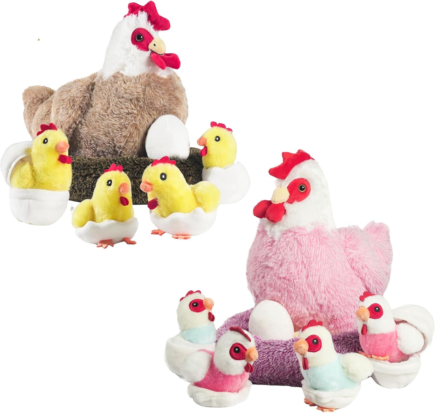 Chicken Stuffed Animal Plush Toys, 2 Pack of 9 in 1 Mommy Hen with Chicks, Eggs and Hen House for Kids