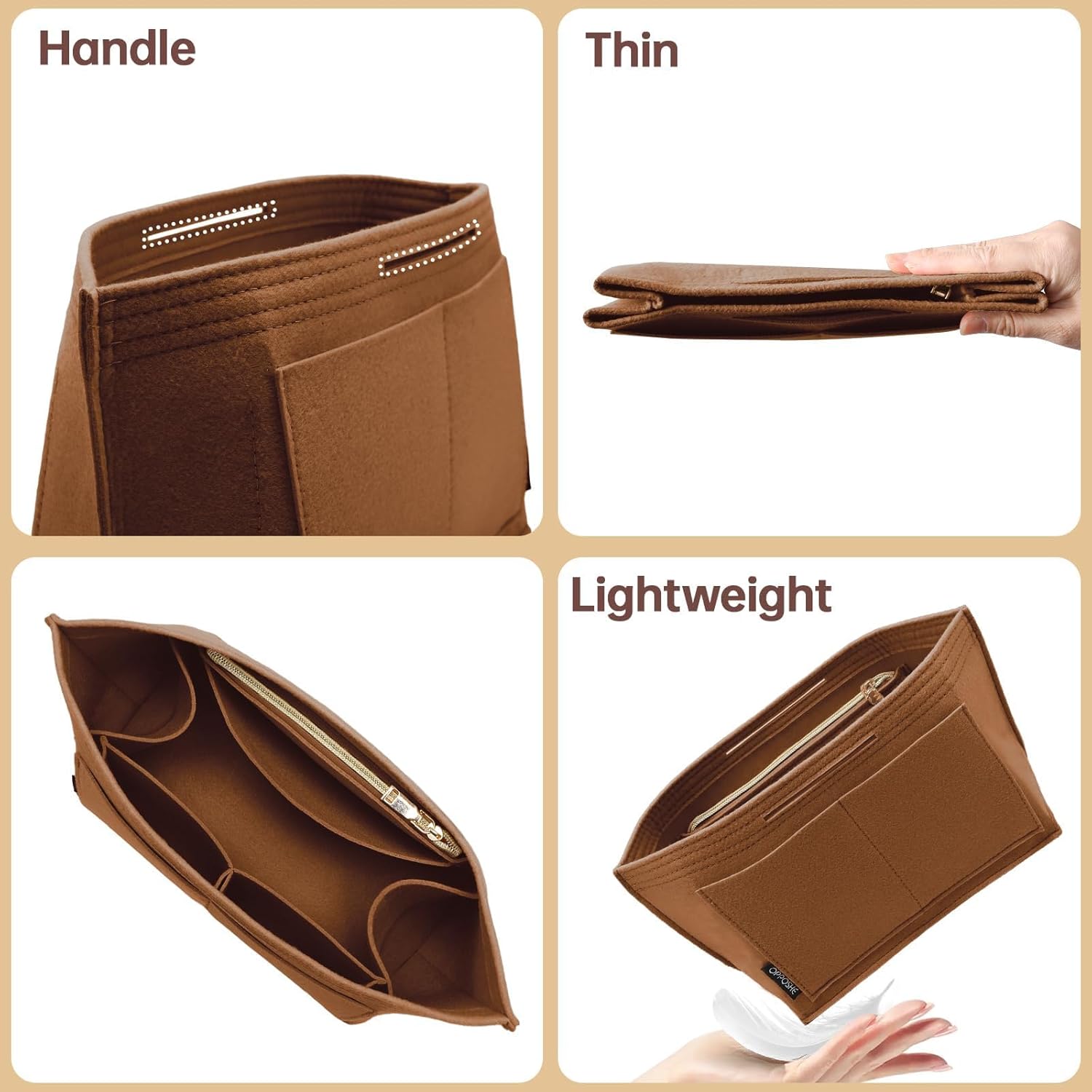 OPPOSHE Purse Organizer Insert for Longchamp Le Pliage, Premium Felt Long Champ Bag Handbag Women, Tote Organizer Insert with 9 Compartments (Medium, Earth Brown)