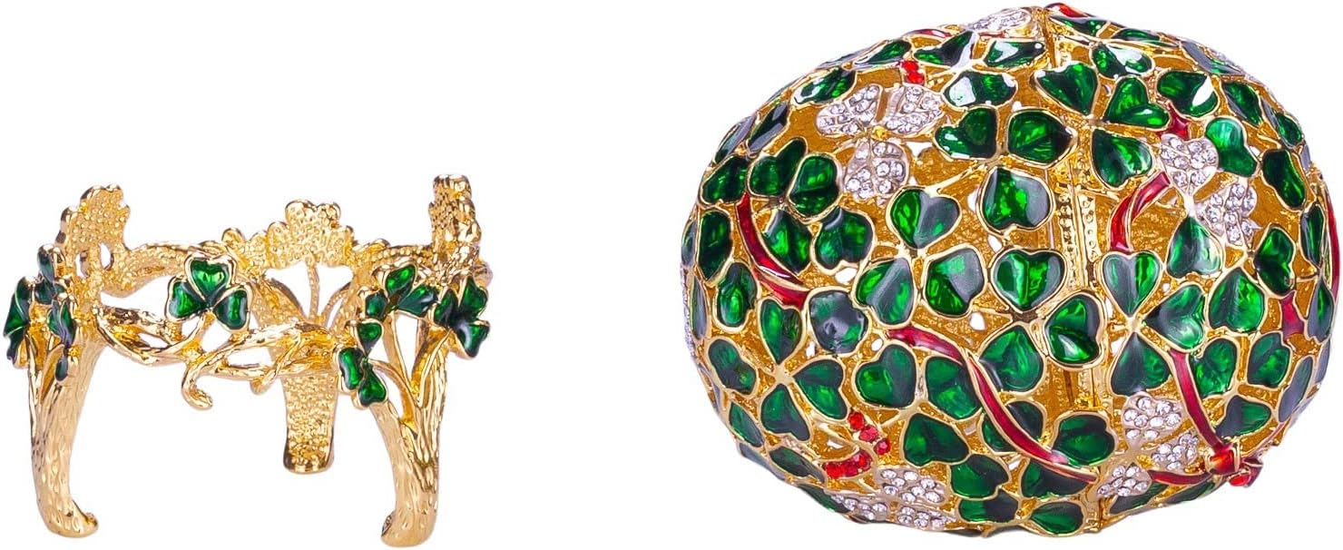 danila-souvenirs Faberge style Clover Leaf carved Egg Trefoil Shamrock Trinket Jewel Box 3.8'' (9.5 cm) green