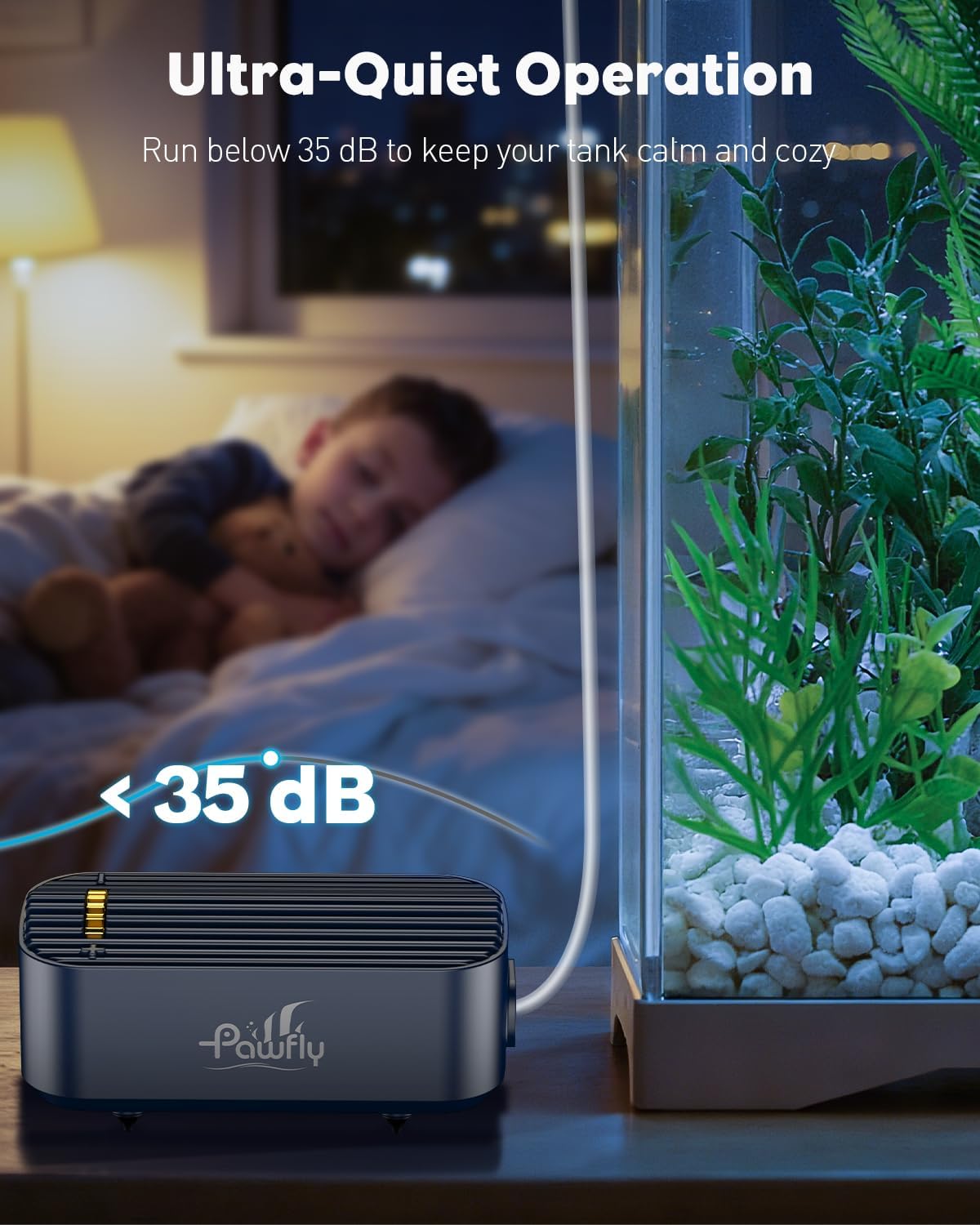 Pawfly Air Pump operating quietly next to a sleeping child