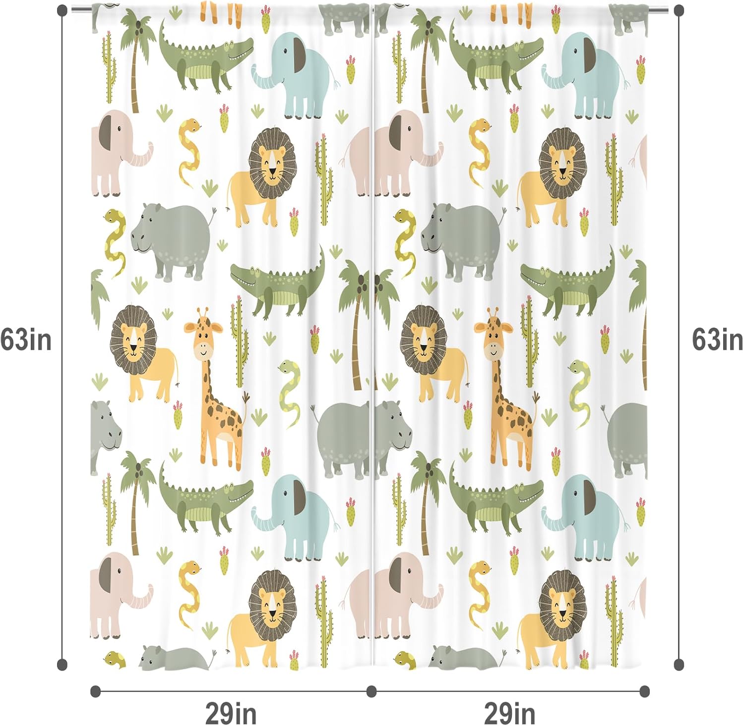 MESHELLY Nursery Safari Animals Curtains 29 (W) X 63(H) Inch Rod Pocket Baby Boy Kids Woodland Jungle Lion Elephant Printed Curtains for Living Room Bedroom Window Drapes Fabric