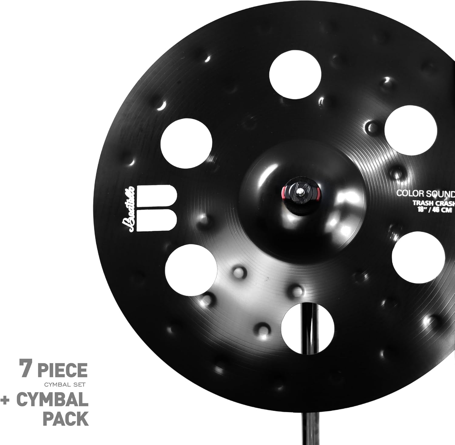 7-Piece Black Cymbal Set with Gig Bag - Professional Alloy Drum Cymbals Pack: 20" Ride, 18" Holed Crash, 18" Holed China, 16" Crash, 14" Hi-Hats, 8" Splash for Professional Drummers