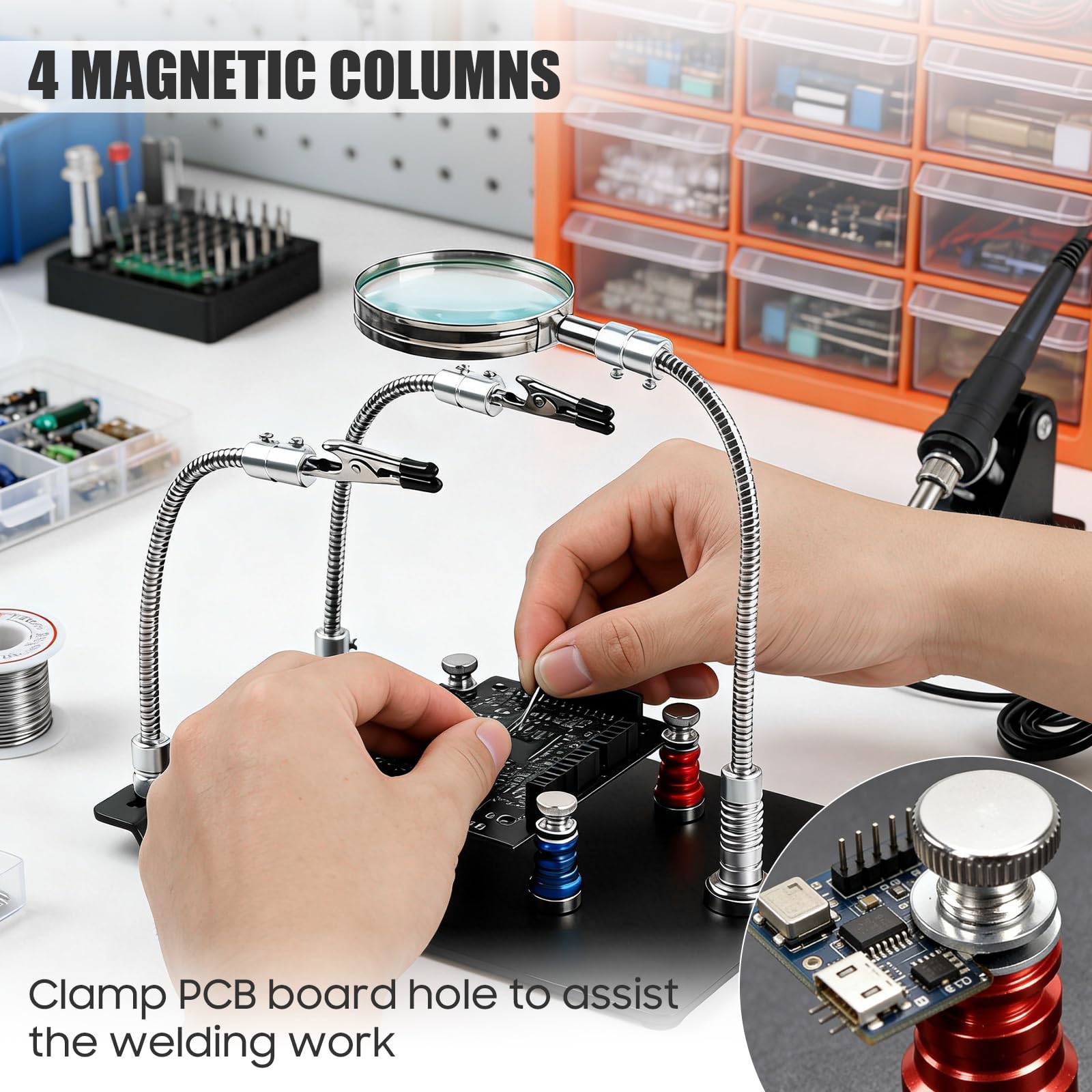 Dritte Hand Löten, Magnetische helfende Hand mit 4 PCB-Säulen Lötstation Helfende Hand mit 3X Lupe Löt-Leiterplattenhalter-Werkzeug für Lötarbeiten Elektronik Reparatur von Schmuck, Handwerk Entlöten