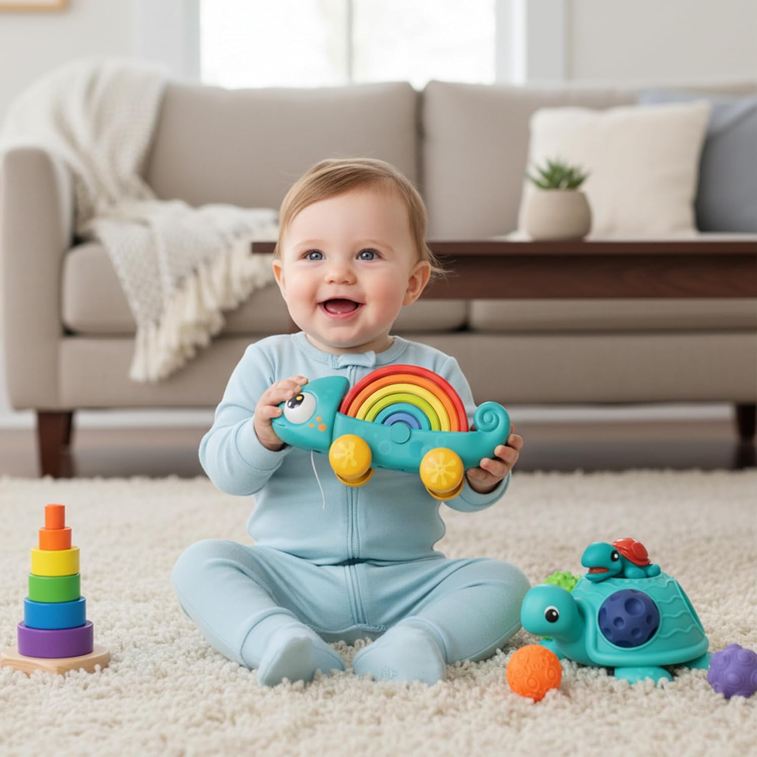 Montessori Sensory Bundle – Textured Soft Balls, Baby Sensory Turtle Toys for Babies 6-12M & Toddlers 1-3 + Rainbow Stacker Pull Along, 2-in-1 Push & Pull with 6 Nesting Arches