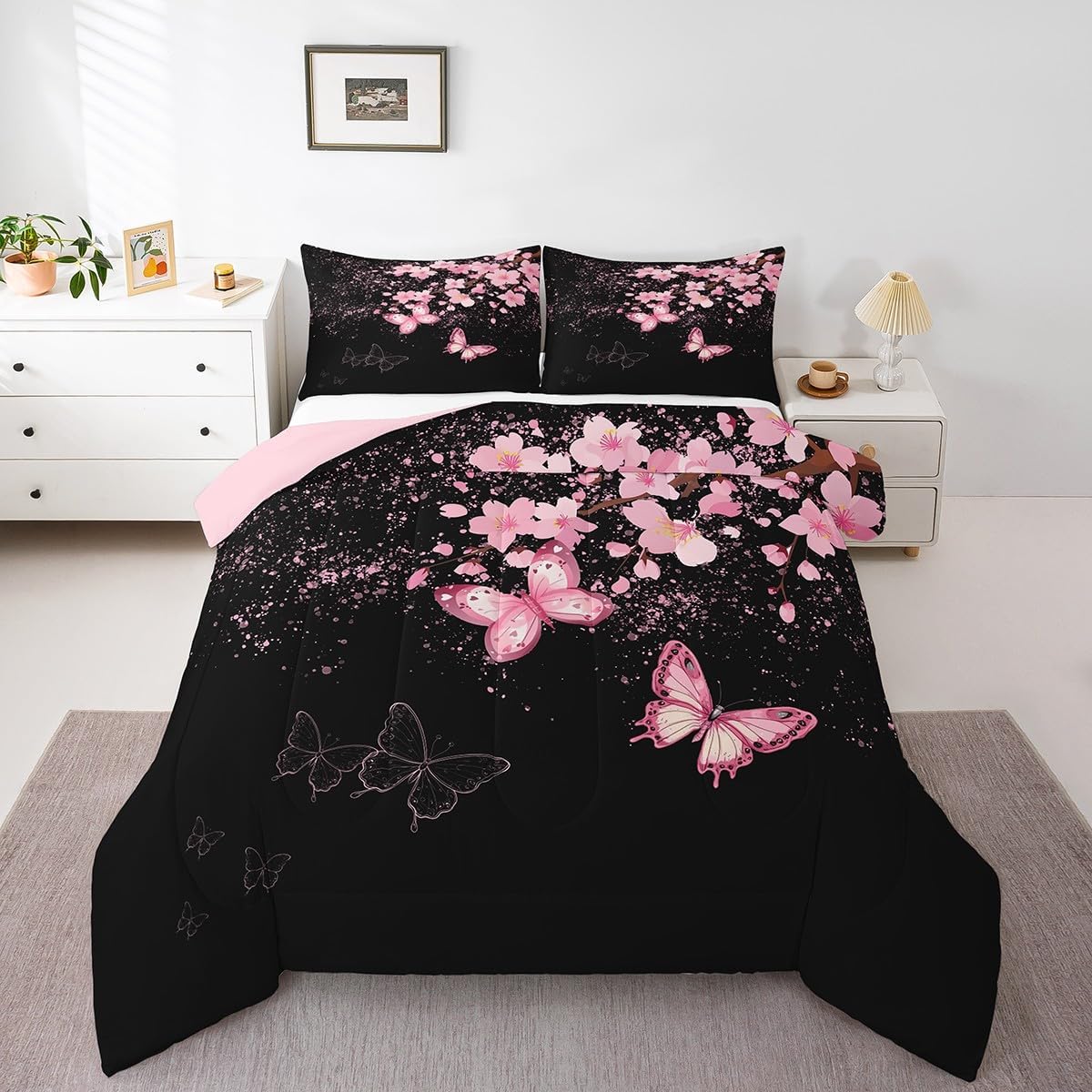 Castle Fairy Cherry Blossoms Comforter Set,Pink Butterfly Bedding Set for Kids Girls Boys,Teens Adults Romantic Style Comforter,Petal Quilted Duvet Set Bedroom Collection Twin Size 2Pcs