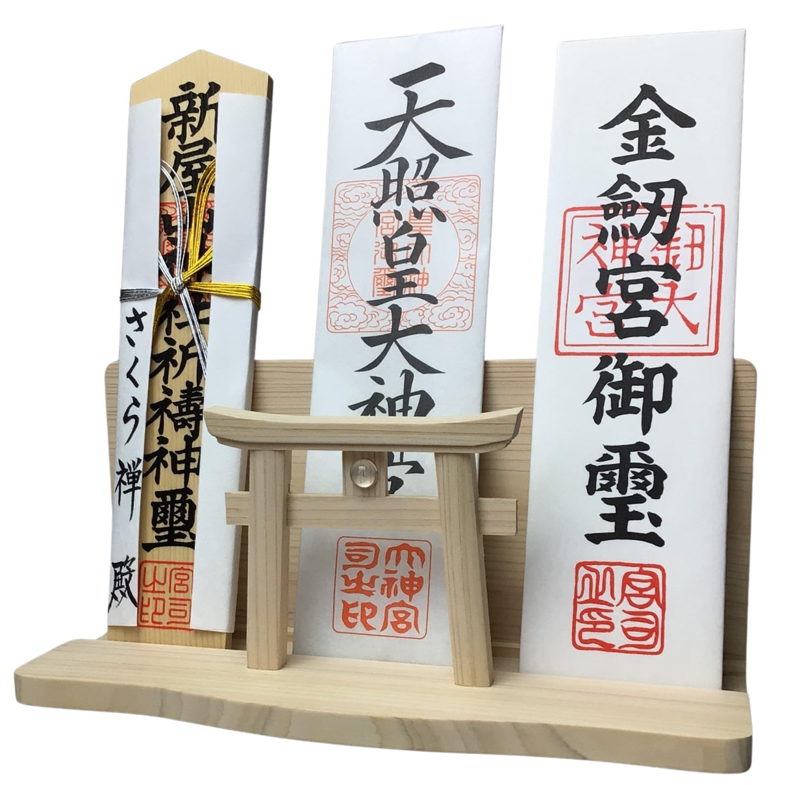 [Sakura Zen] Kamidana Shinto Shrine Shelf, Wall Mounted, Myojin, Crystal, Torii, Three-Shrine, Wall Mount Hardware, Dedicated Pins Included, Domestic Japanese White Pine, Crystal Decoration, Ofuda : H