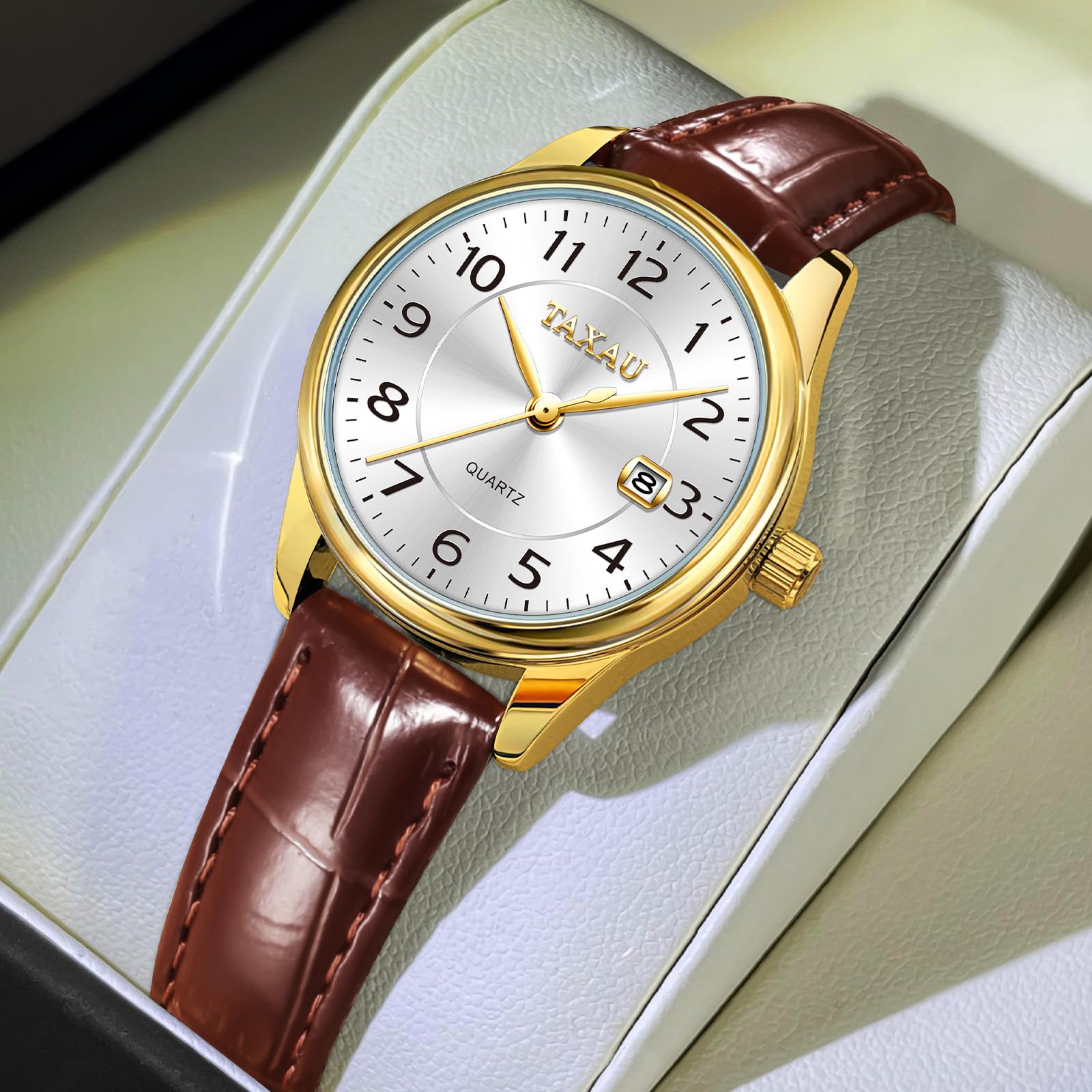 Taxau Damenuhr Lederarmband Analog Quarz–Elegante Armbanduhr Damen mit Datumsanzeige, Kleine 28mm Damen Uhr, 3Bar Wasserdicht,Klassisches Design Geschenke für Frauen