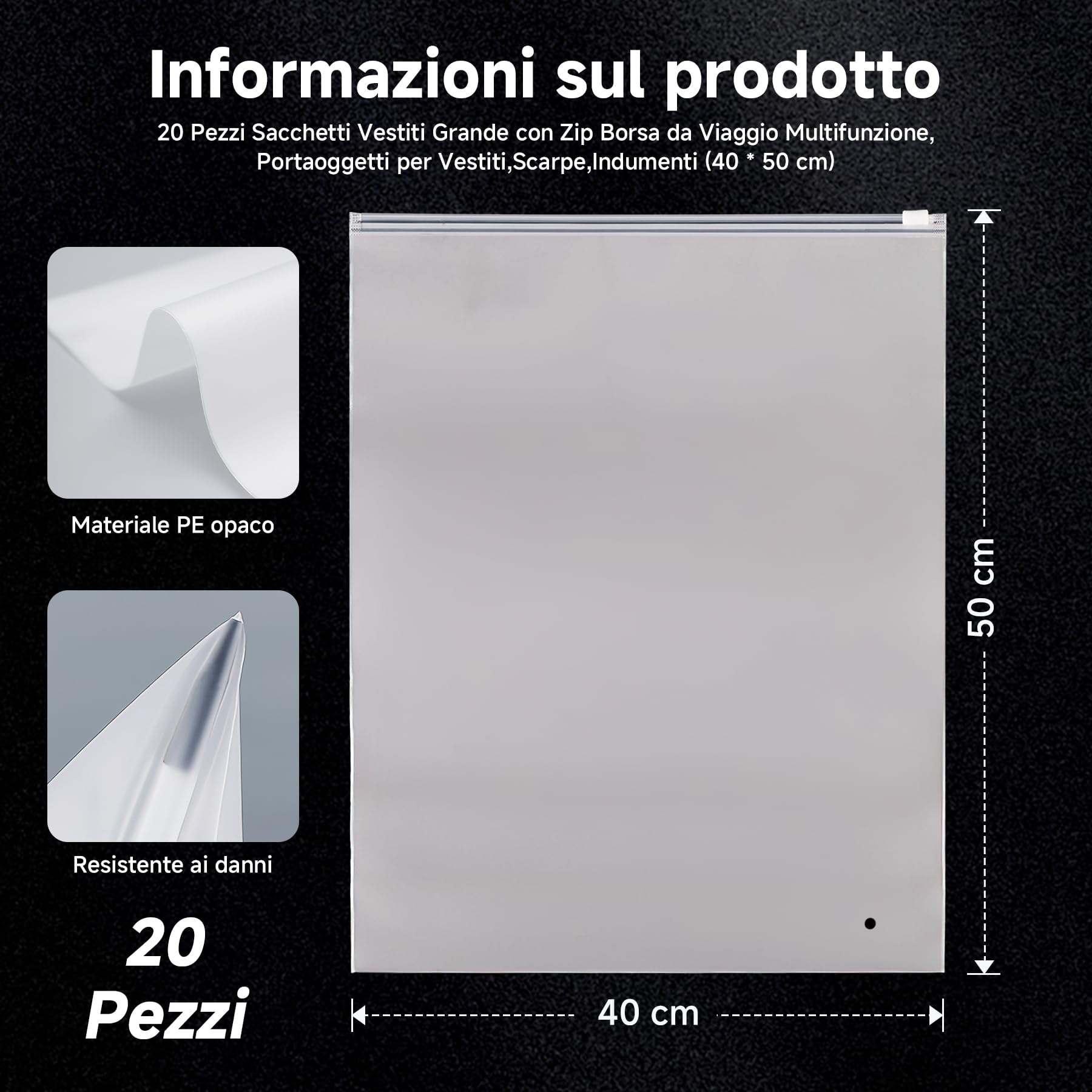 20 Pezzi Sacchetti con Zip 40x50cm, Borse Portaoggetti Grandi in Plastica Smerigliata per Vestiti, Maglioni, Cappotti e Giacche, Organizer da Viaggio Riutilizzabili e Salvaspazio - 3