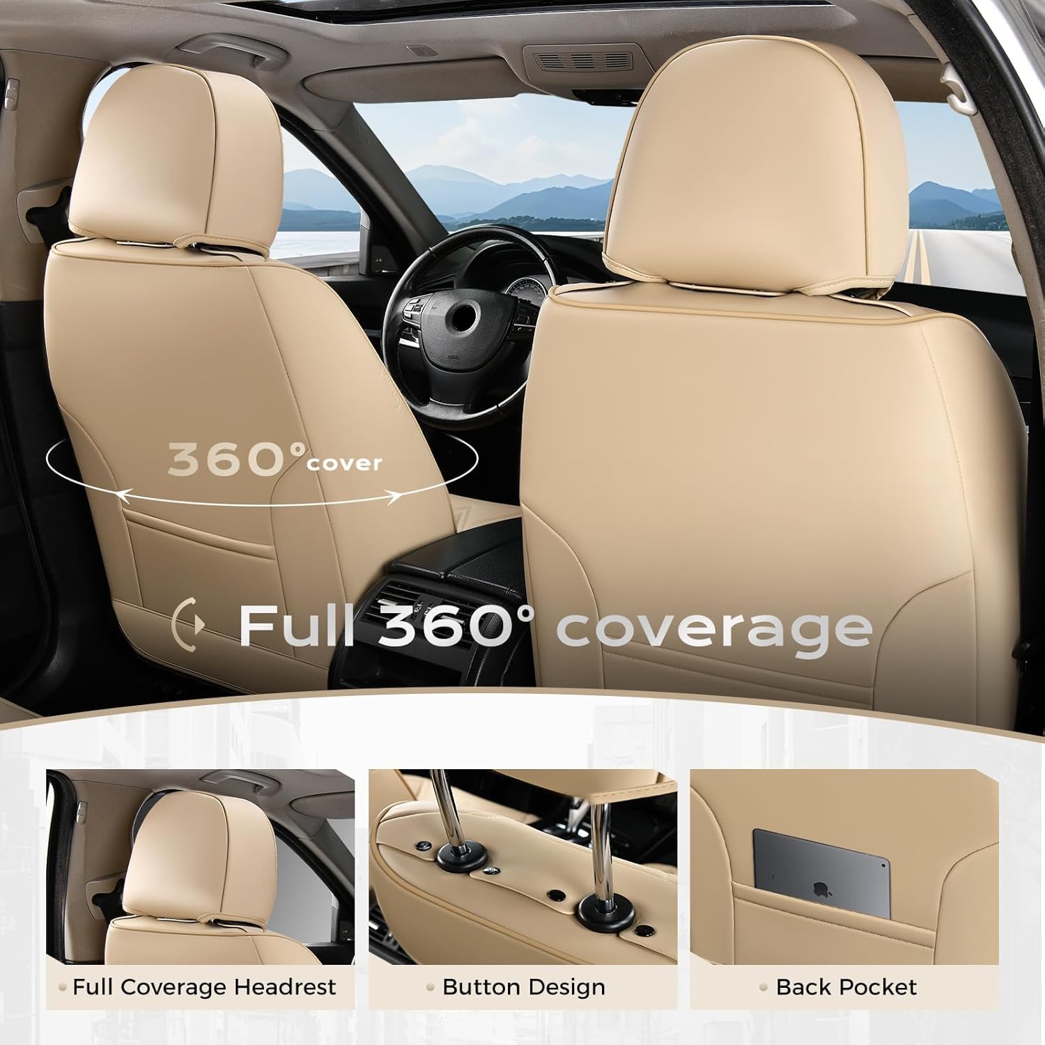 Coverado Car Seat Covers Full Set, Nappa Leather Beige Seat Covers for Cars, Waterproof Car Seat Protector, Front and Back Seats Universal Fit for Most Vehicles