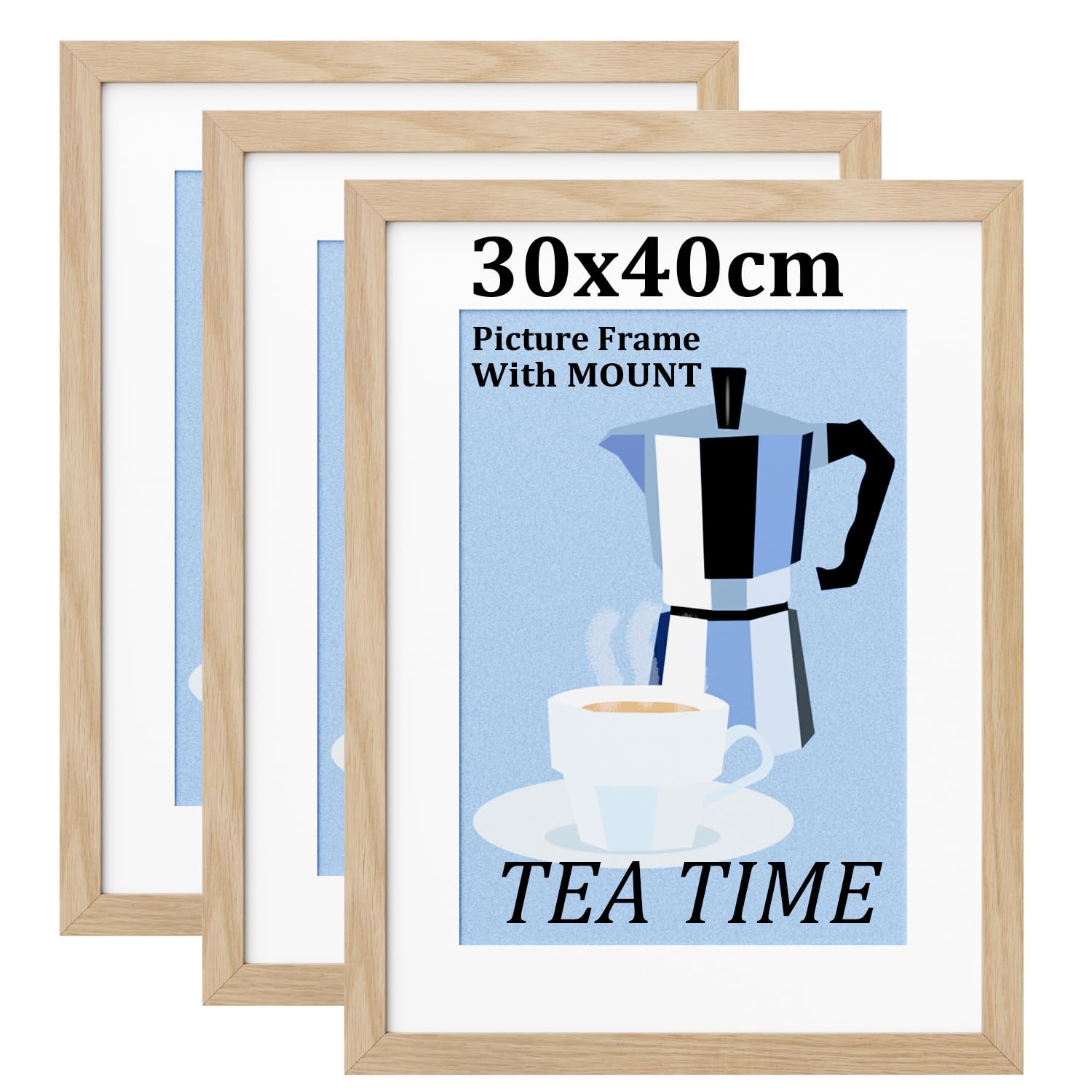 Bobeen 30x40cm Picture Frames with Mount, Pack of 3 Oak Photo Frame (12x16in) for Table Top and Wall Mounting