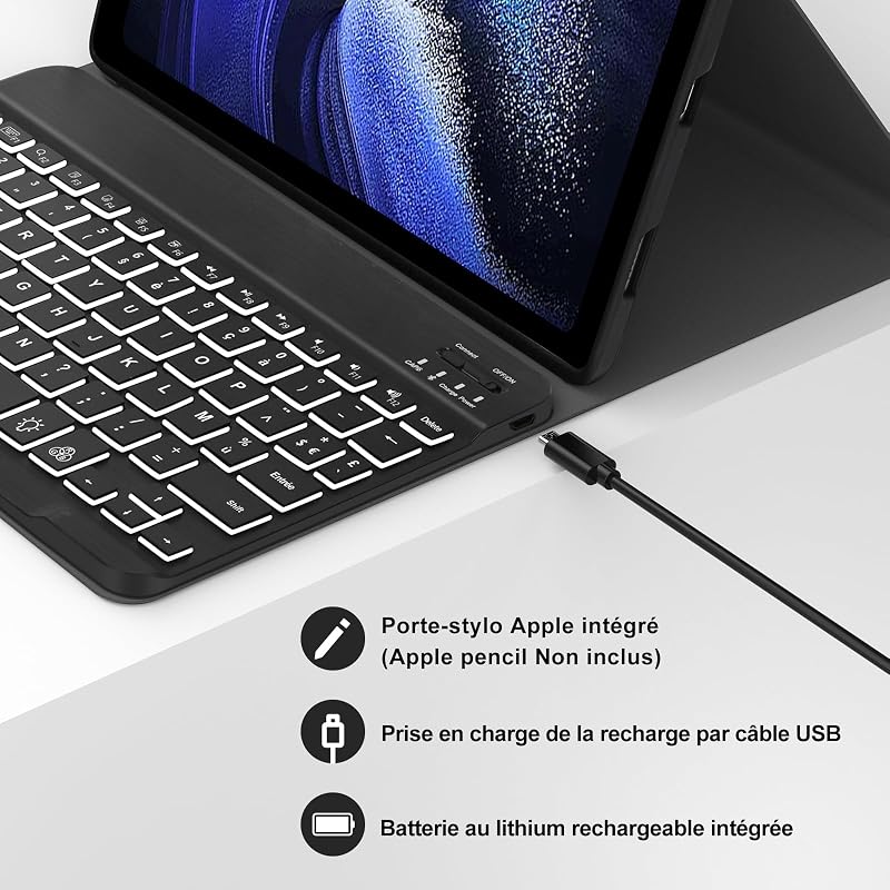 JADEMALL Xiaomi Pad 6/6 Pro 11" AZERTY Bluetooth billentyűzet tok, mágneses, háttérvilágítás, fekete