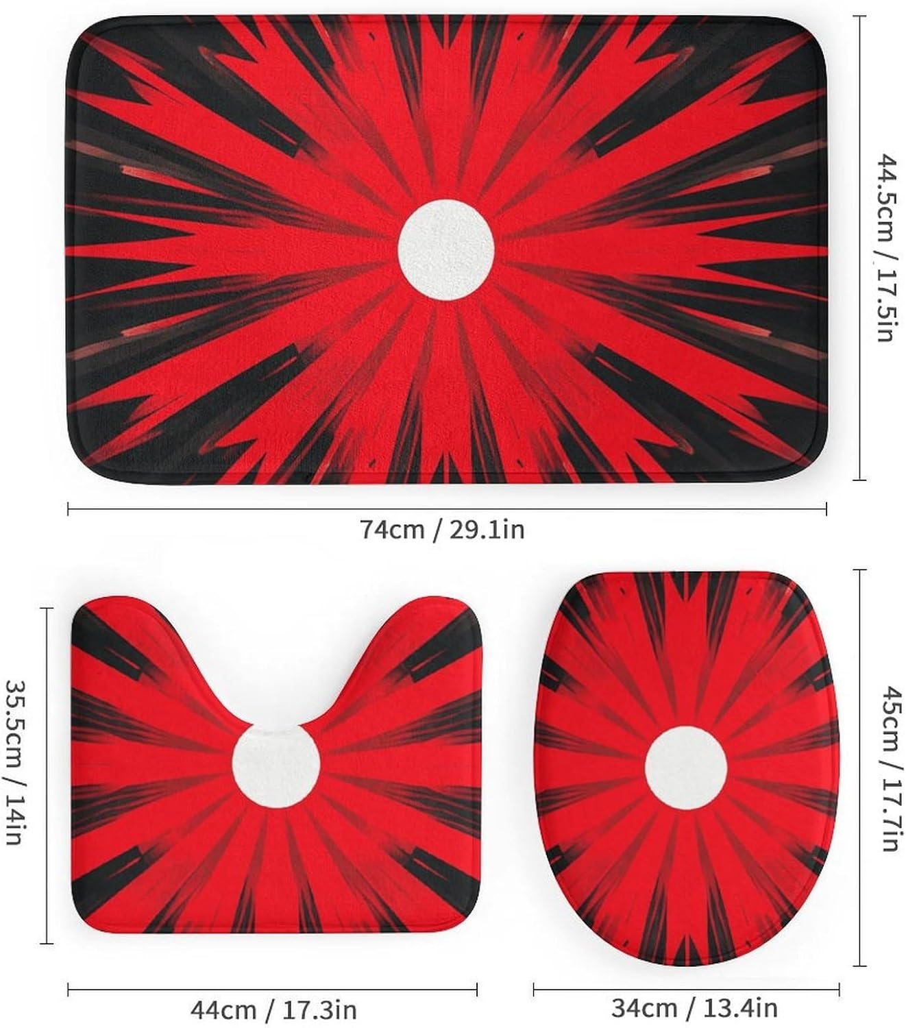 Explosion Burst Red Black Shower Curtain Set 4 Piece, Non-Slip Bath Mat with Toilet Lid Cover and Waterproof Shower Curtain with 12 Hooks, Complete Bathroom Set for Home Decor