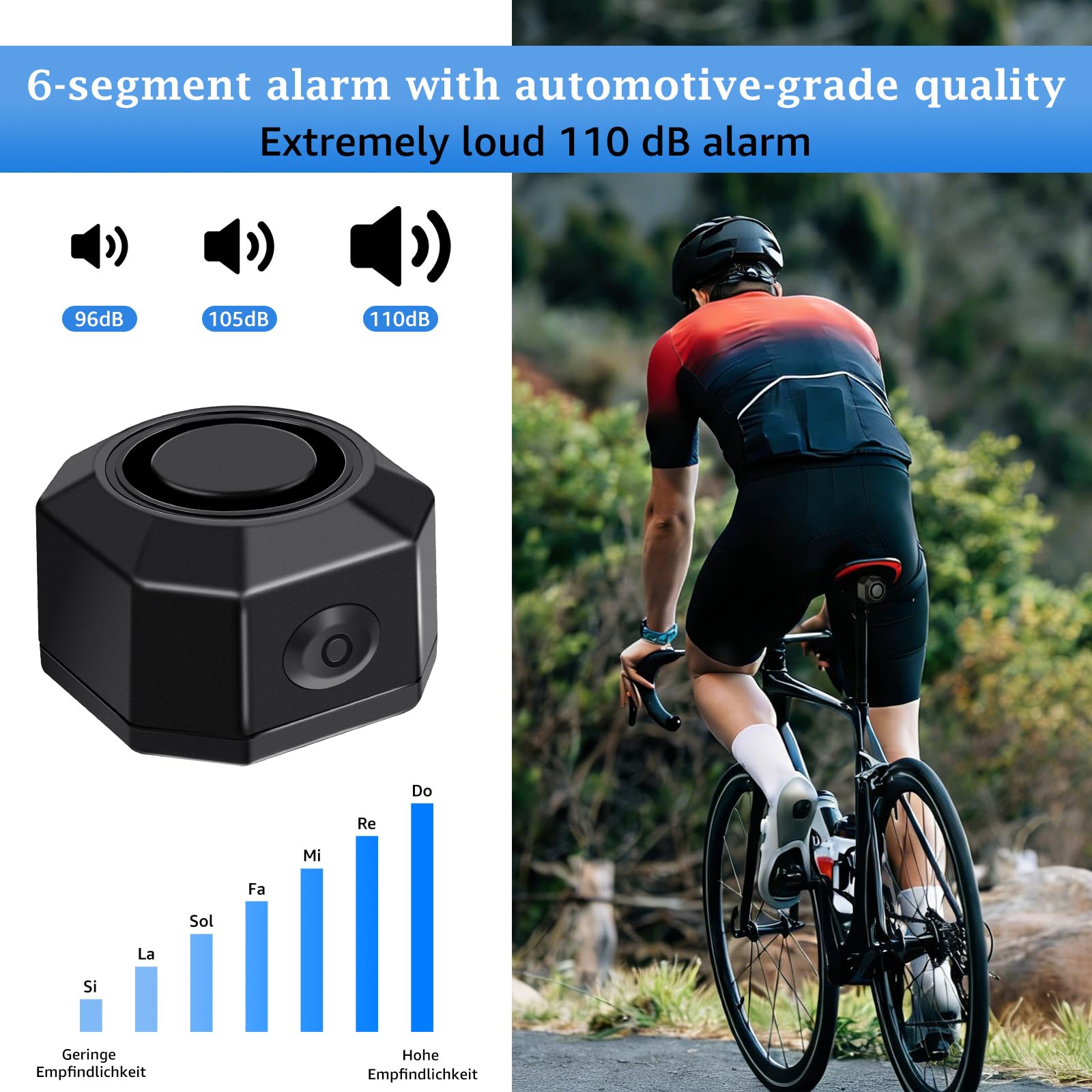 NineLeaf Fahrrad Alarmanlage mit Fernbedienung, 110dB Fahrradalarm mit Sattelhalterung, Lautstärke Empfindlichkeit einstellbar,IP65wasserdicht,USB-C wiederaufladbar, Diebstahlschutz für Fahrräder,4PK