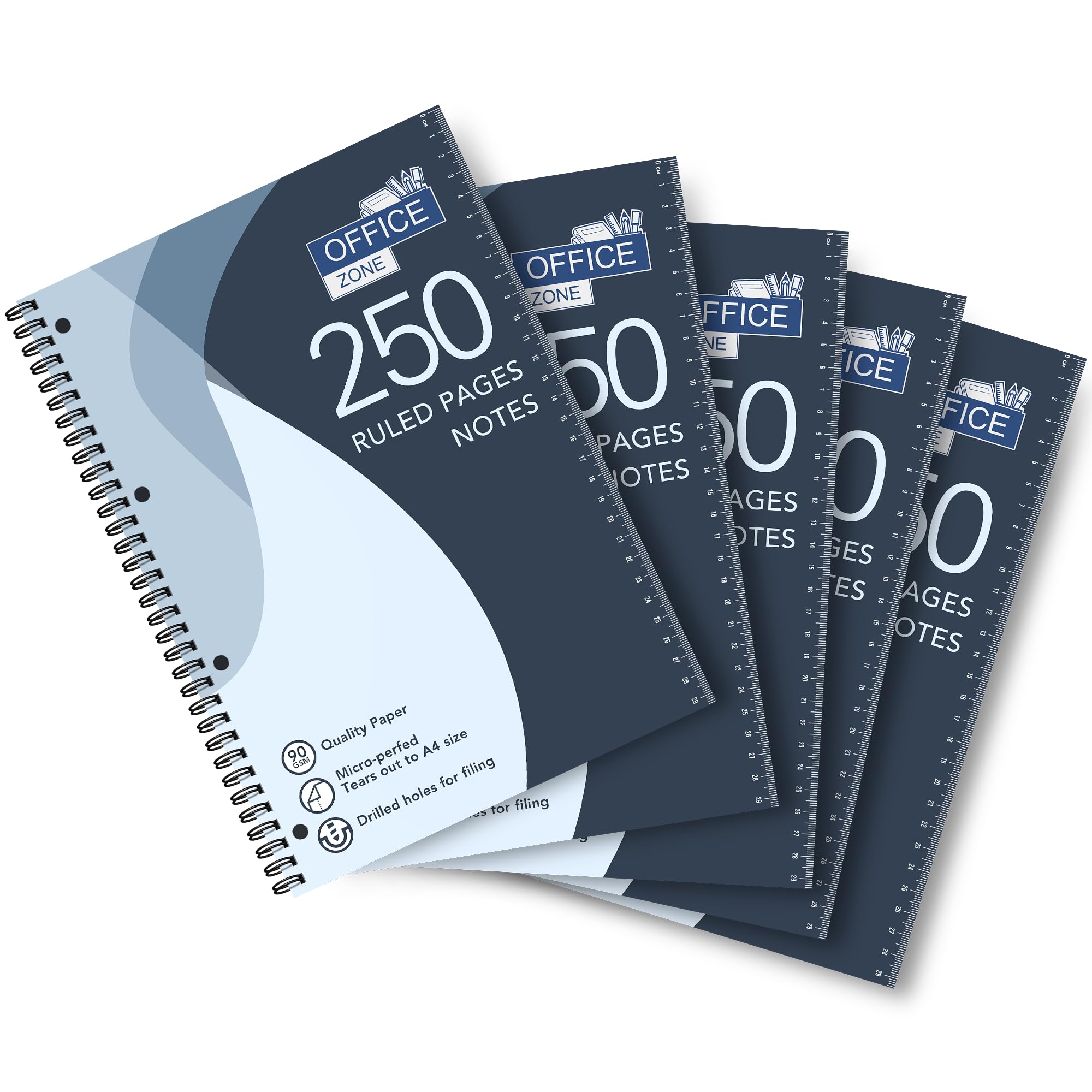 Office Zone 250 Ruled Pages Notebook - Pack of 5 | Premium 90gsm Quality Paper | Micro-Perforated Tear-Out Sheets to A4 Size | Drilled Holes for Filing | Integrated Ruler Scale on Front Cover