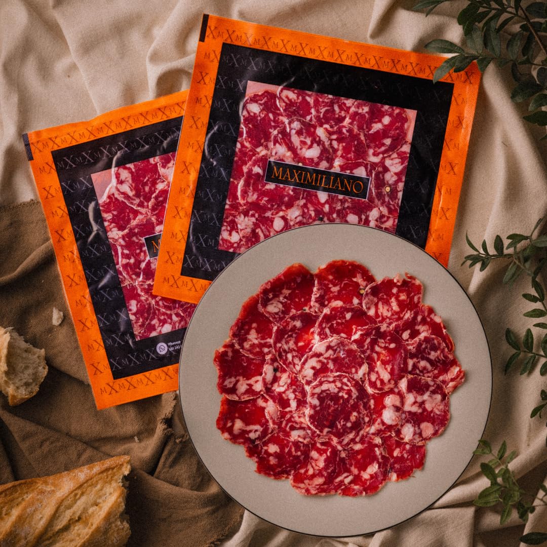 Maximiliano Jabugo - Salchichón de Bellota 100% Ibérico | Estuche 80gr Loncheado | Aliño Tradicional con Pimienta | Curación Natural en Jabugo | Embutido Ibérico Artesano