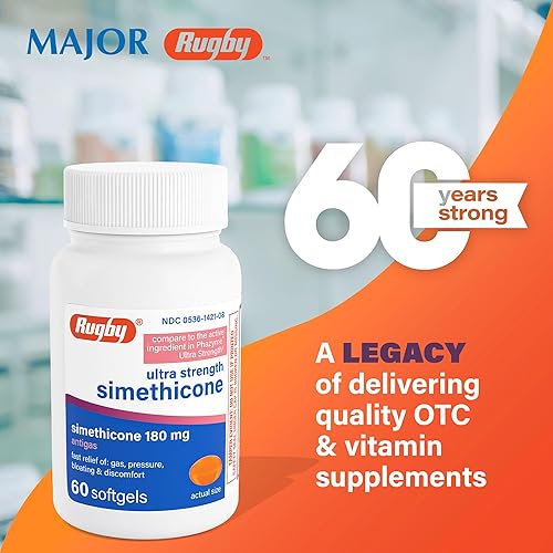 Miniatura 2 de Rugby Ultra Strength Simeticona Gas Relief 180 mg - Máximo alivio para adultos - Puede ayudar con síntomas de flatulencia e hinchazón - 60 cápsulas