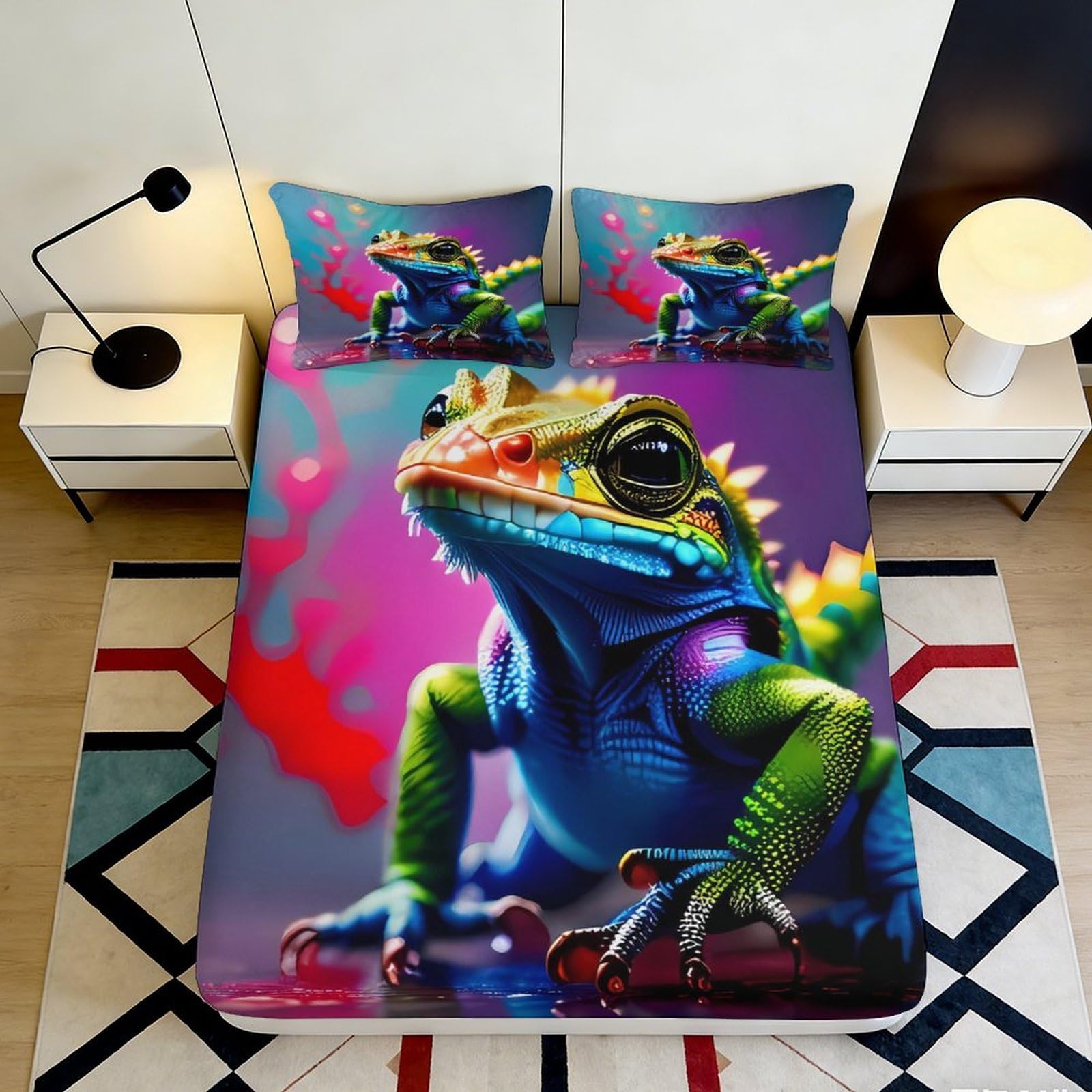 3D Printed Colorful Lizard Fitted Sheet Microfiber Soft Anti-Slip Artistic Chameleon Mattress Cover for Bedroom Dorm Decor 90x200x25cm