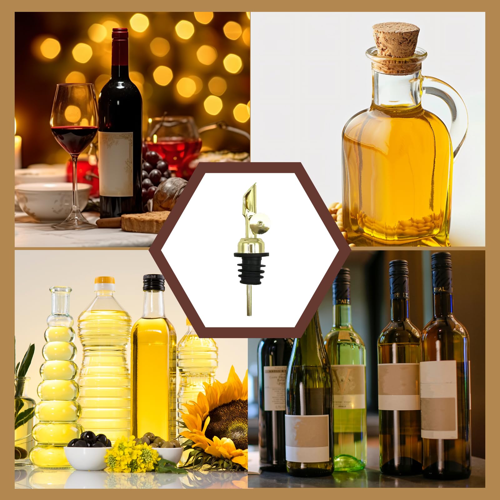 3er Pack Selbstschließender Ausgießer Edelstahl in Gold, Flaschenausgießer für präzises Ausgießen von Alkohol, Olivenöl und Essig mit Reinigungsbürsten