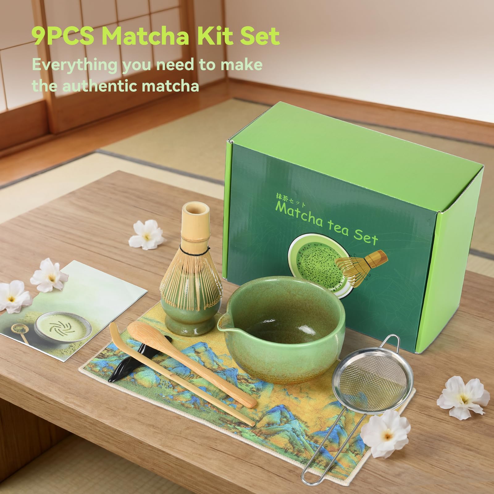 OTraki 9 Pezzi Macha Tea Kit, Kit Matcha Completo Accessori Per La Cerimonia Del Tè Giapponese, Ciotole Per Matcha, Paletta, Frusta Per Matcha Fatto A Mano, Confezione Per La Famiglia E Gli Amici