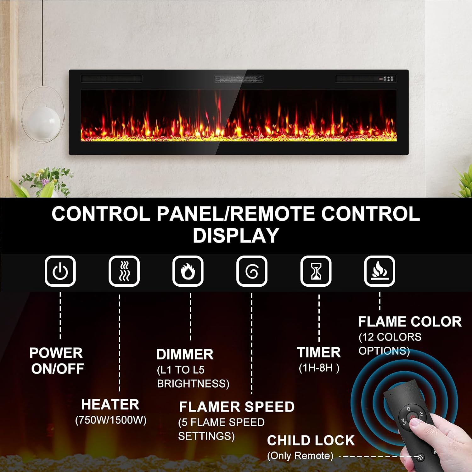 BREEZEHEAT Electric Fireplace 72" Pro Crystal-Fireplace Inserts Ultra Thin-ETL Certified,Recessed Wall Mounted,Fit for 2 x 4 and 2 x 6 Stud, Remote & Touch Control, 750W/1500W (900 Sq.Ft), Timer