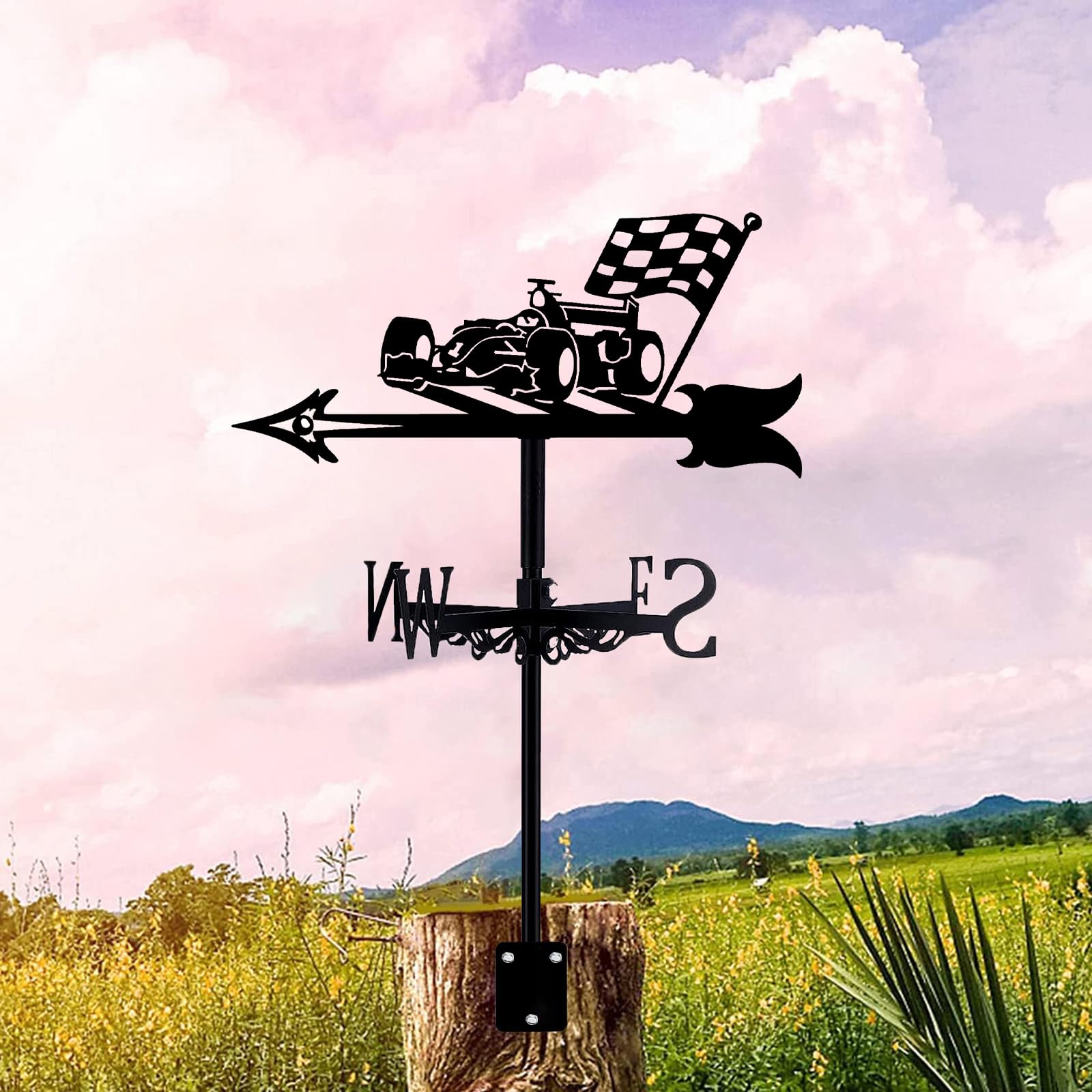 Weathervane Durable Retro Racing Car Shape Weather Vane Vintage Black Wind Direction Indicators Stainless Steel Weathercock with Metal Bracket Decor for Outdoor Garden Stake Decoration