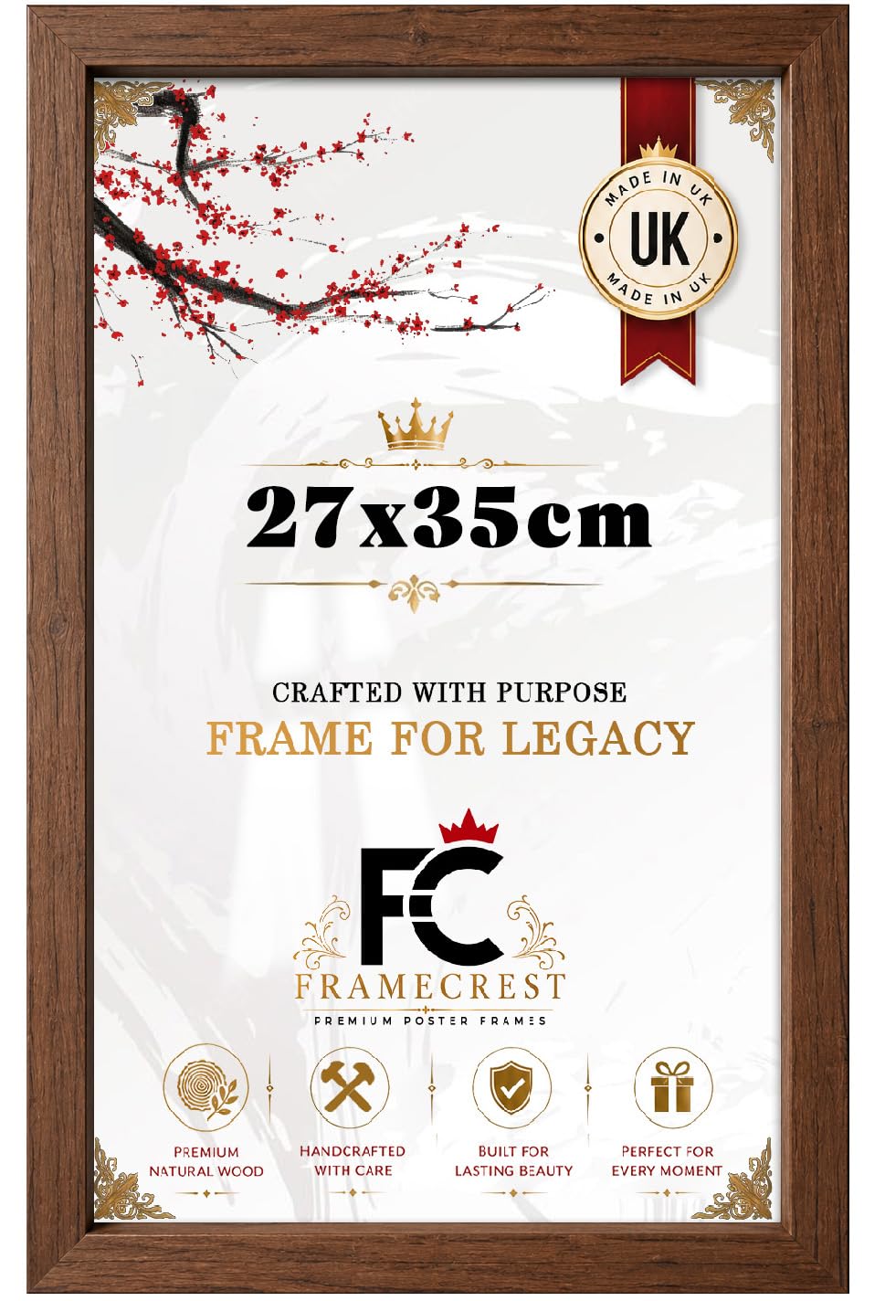 FRAMECREST Classic & Durable 27x35cm Poster Frame | Handcrafted for Gallery Family Photo Portrait and Landscape Display Anniversary/Birthday/Wedding/Gifting-[Walnut]