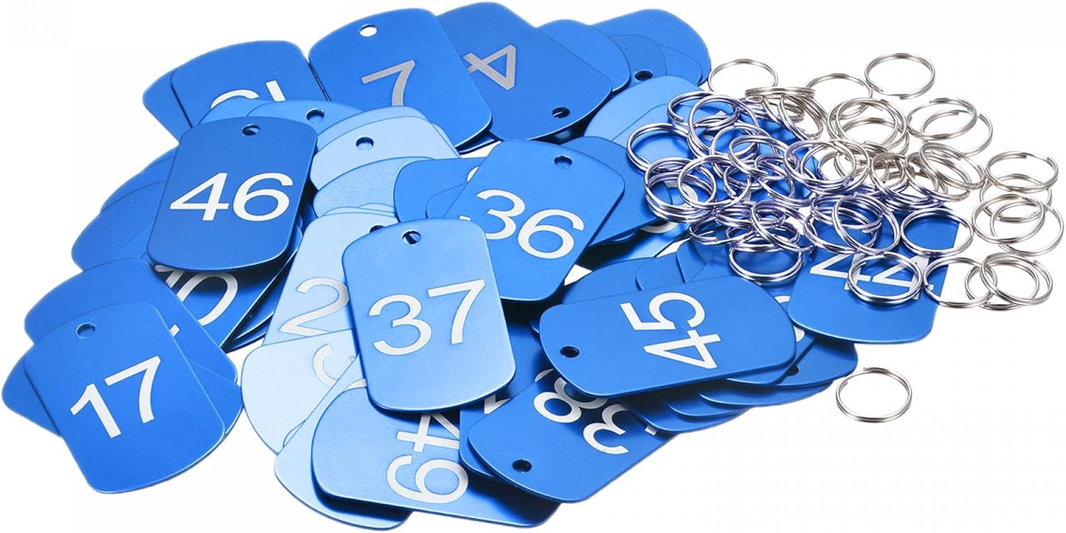 MECCANIXITY Numbered Tag, Aluminum Key Tags Metal ID Tags, 1-50 Number with Ring Green Rectangle for Decoration, Pack of 50
