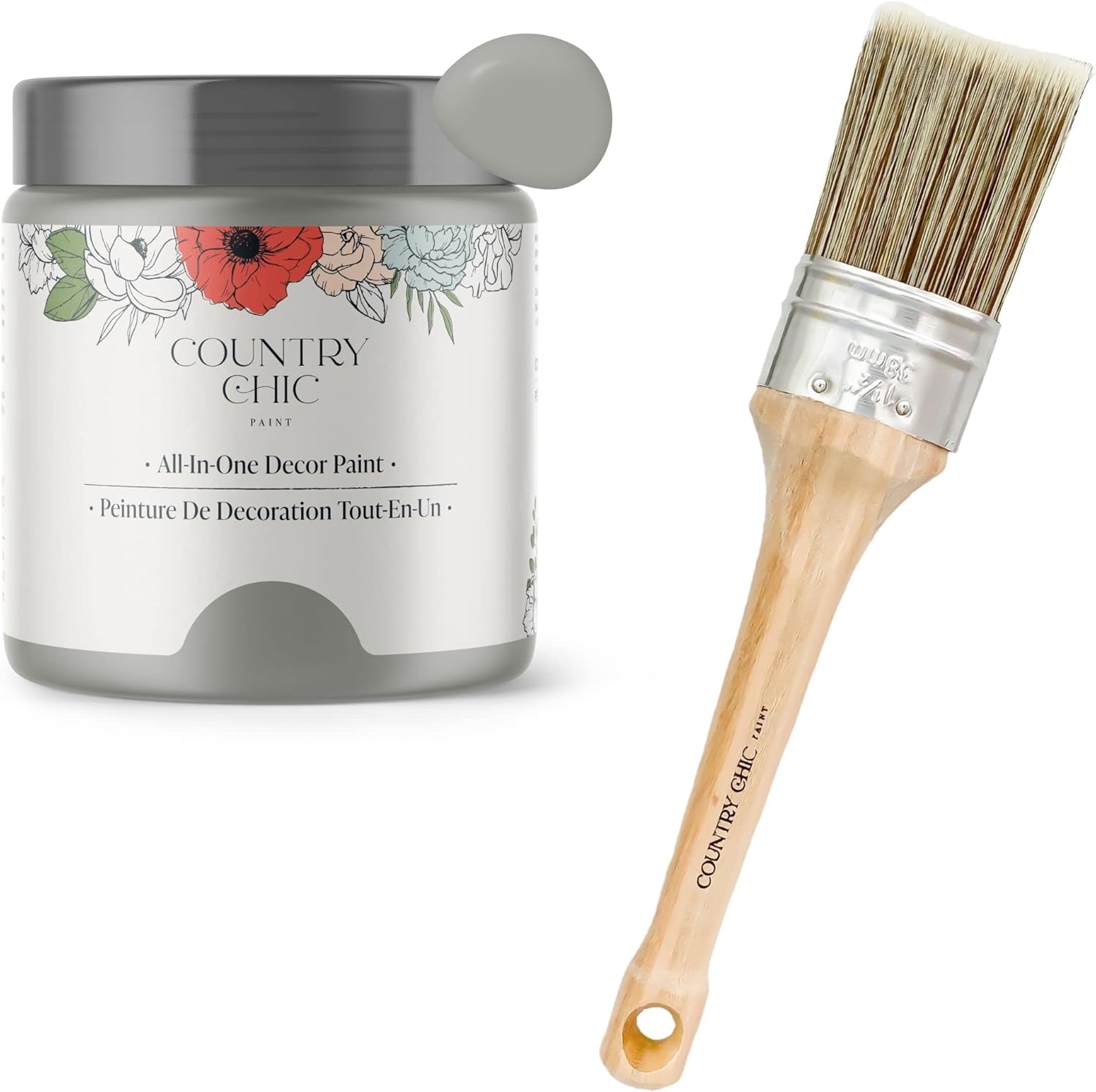 Chalk Style Paint + Paint Brush Bundle - for Furniture, Home Decor, Crafts (Color: Pebble Beach [4 oz] - Grey)