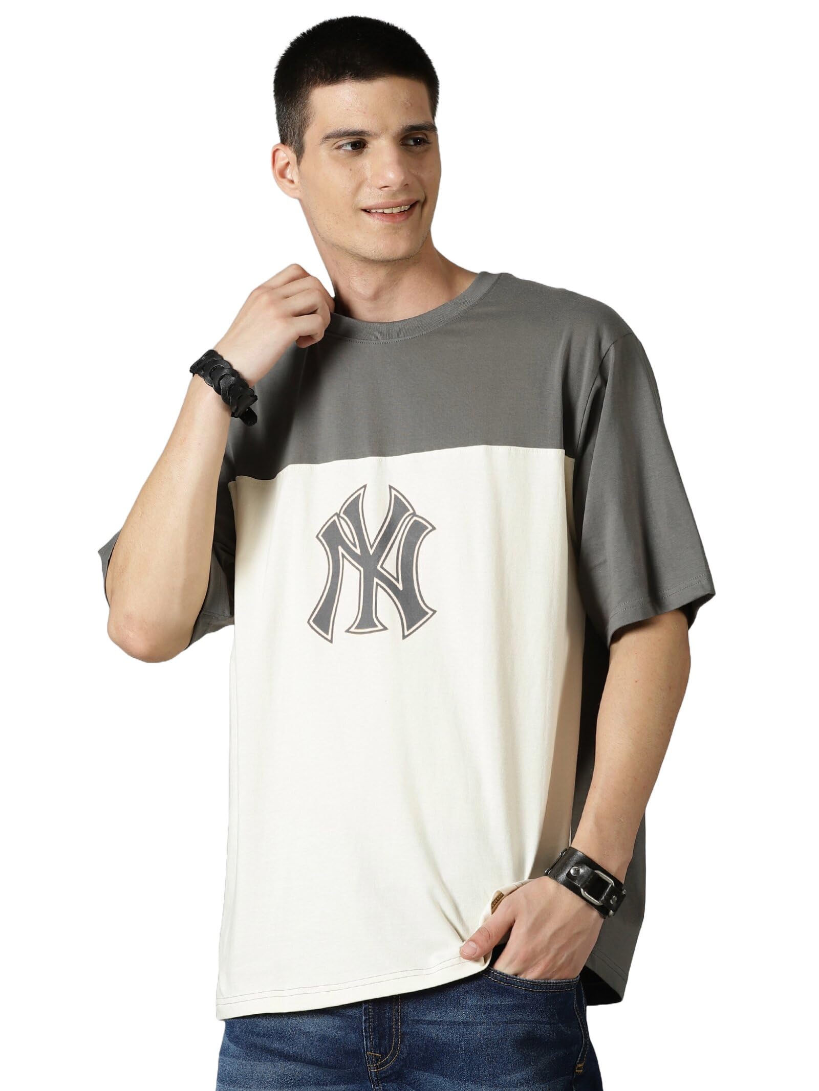 THE HOLLANDER Men's Pure Cotton Printed Half Sleeve Drop Shoulder Oversized Tshirt