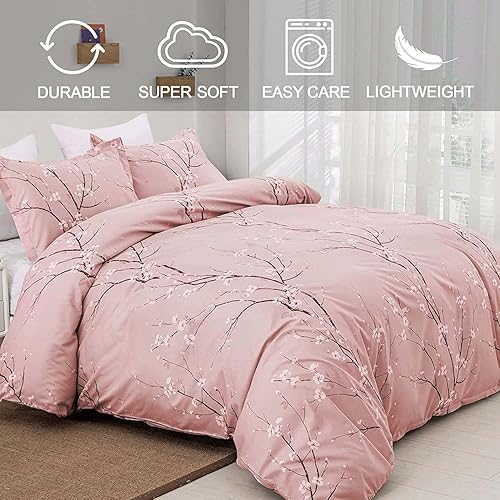 Miniatura 2 de Juego de funda de edredón floral rosa matrimonial, juego de funda de edredón reversible con 2 fundas de almohada, 3 piezas, microfibra suave, tamaño