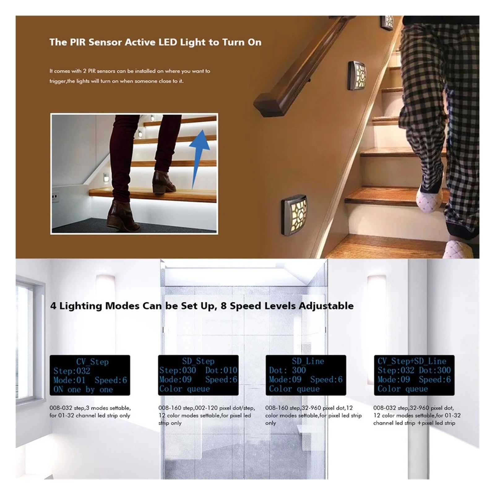 Kit de controlador de luz con sensor de movimiento LED, Kit Controlador De Luz De Escalera Con Sensor PIR ES32-V, 6 Modos De Funcionamiento, 32 Canales De Salida, Control Infrarrojo, For Tira LED COB