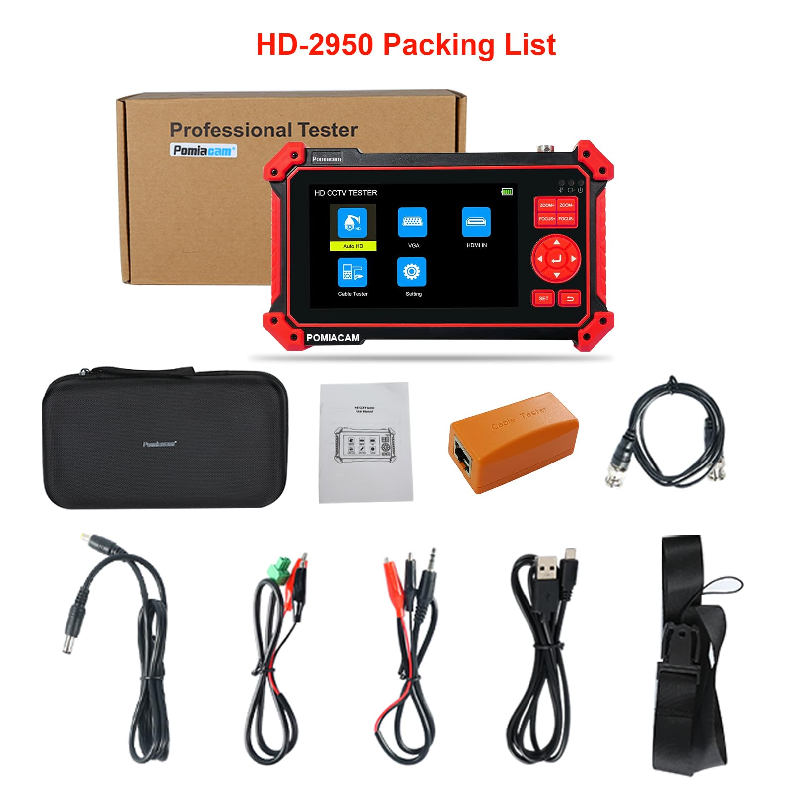 Tester per telecamera CCTV HD-2950, 8MP TVI CVI AHD CVBS Tester per fotocamera analogica da 5 pollici TFT-LCD Test cavo UTP Ingresso HDMI e VGA RS485 PTZ Control Audio Test 12V Potenza di uscita