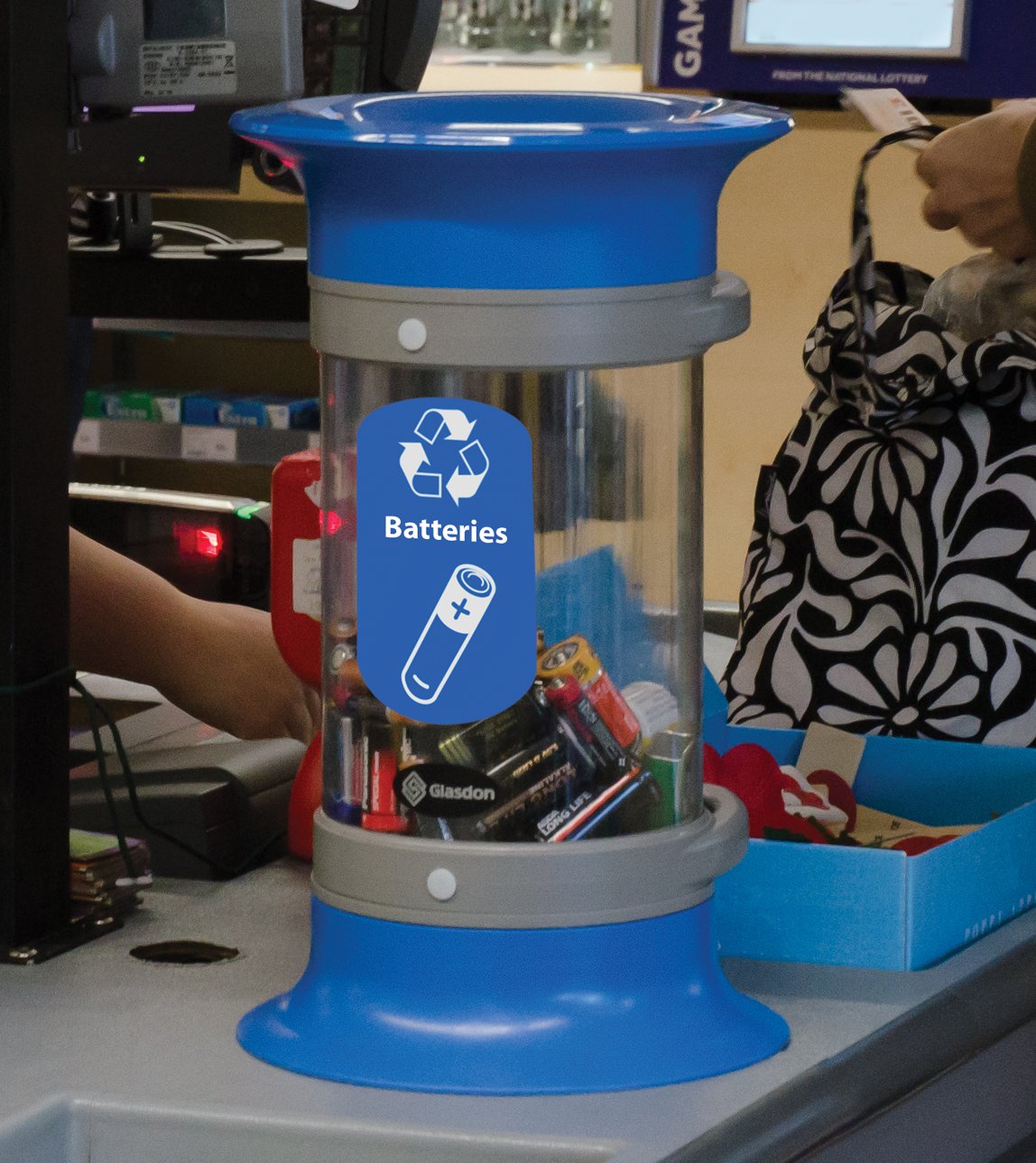 C-Thru 5Q Battery Recycling Tube (Blue) – Small Battery Recycling Bin – Compact 5Q Transparent Battery Collection Tube (Recycle Across America Decal)