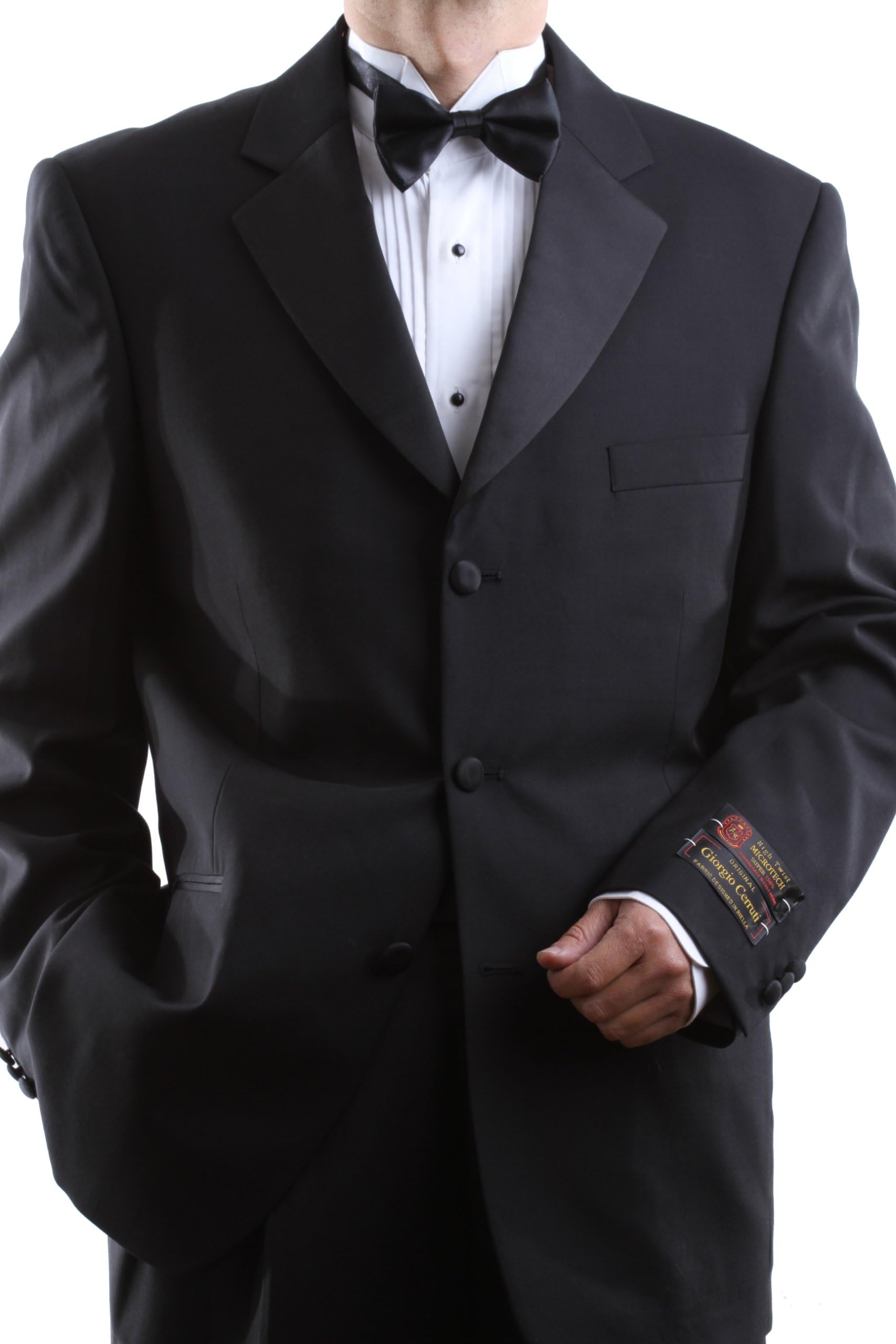 Men's Single Breasted Three Button Black Super 150s Tuxedo Flex-Fit Waist